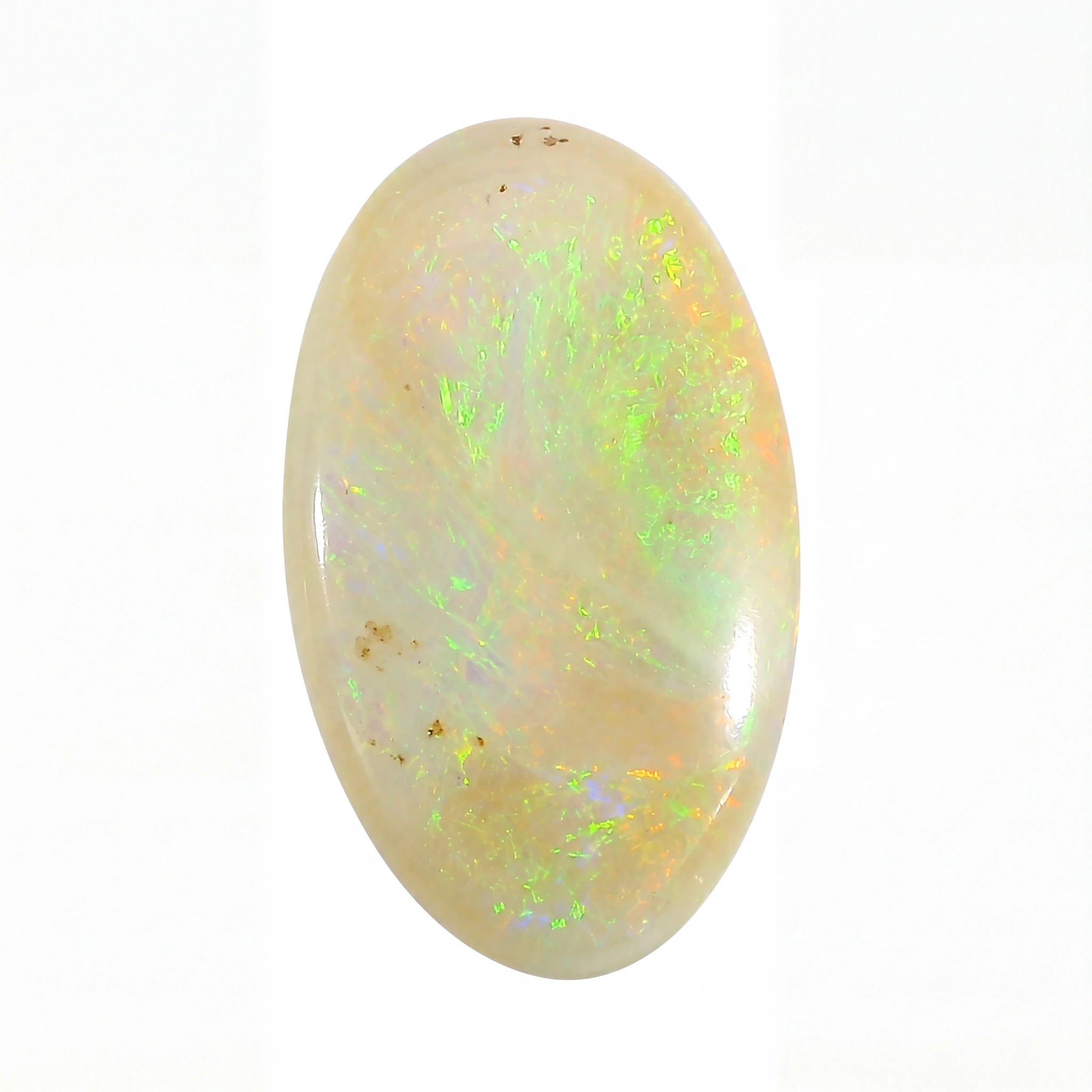 A polished oval cabochon gemstone with a creamy off-white base and vibrant iridescent flashes of green, yellow, and orange, set against a plain white background.