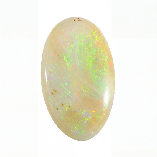 A polished oval cabochon gemstone with a creamy off-white base and vibrant iridescent flashes of green, yellow, and orange, set against a plain white background.