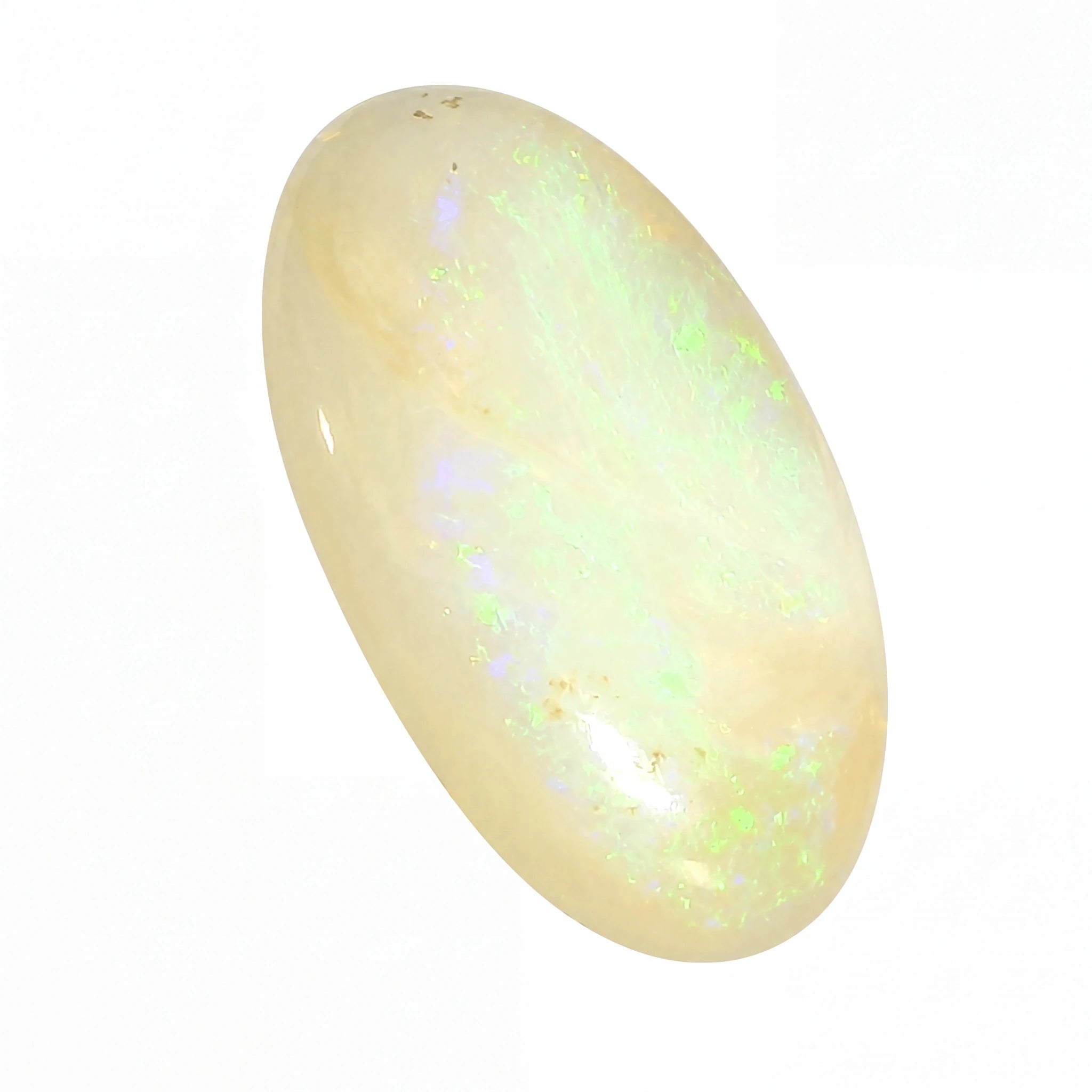 A polished oval cabochon gemstone, likely an opal, featuring a creamy off-white base with vibrant iridescent flashes of green, blue, and purple, set against a plain white background.