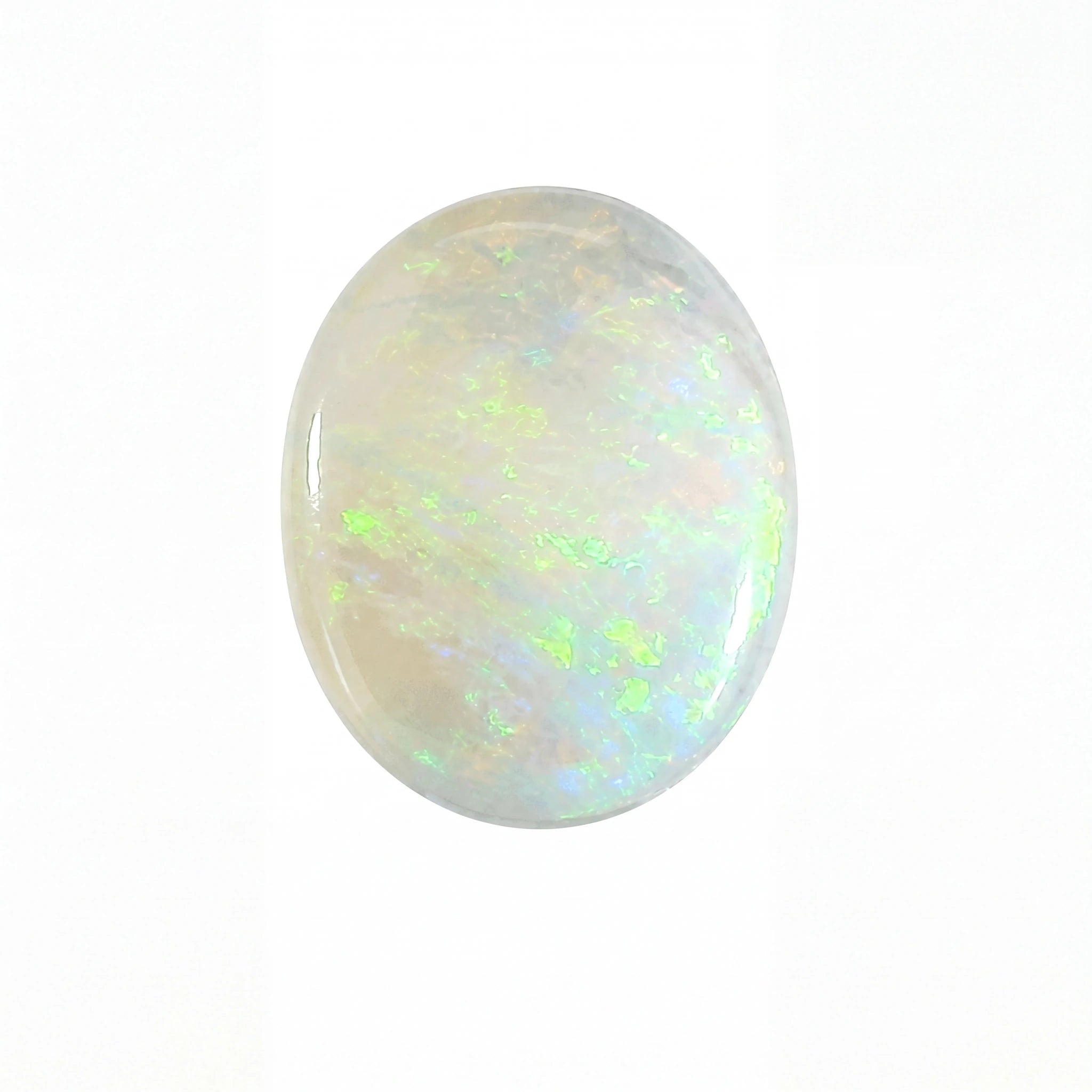 A polished oval cabochon opal gemstone displaying a play-of-colour with white, pale green, and light blue flashes on a white background.