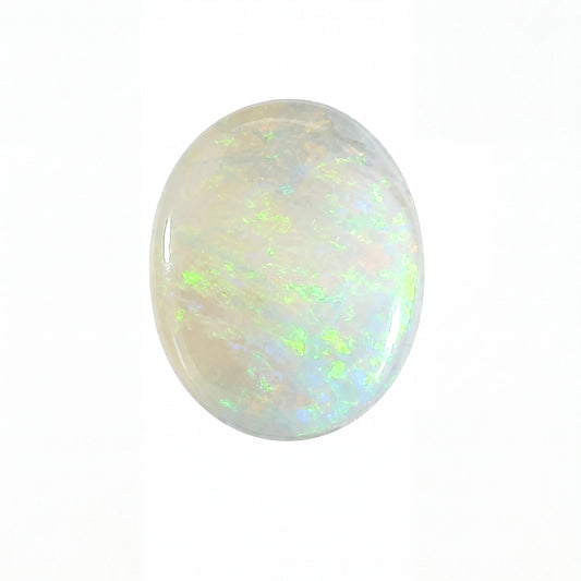 A polished oval cabochon opal gemstone displaying a play-of-colour with white, pale green, and light blue flashes on a white background.