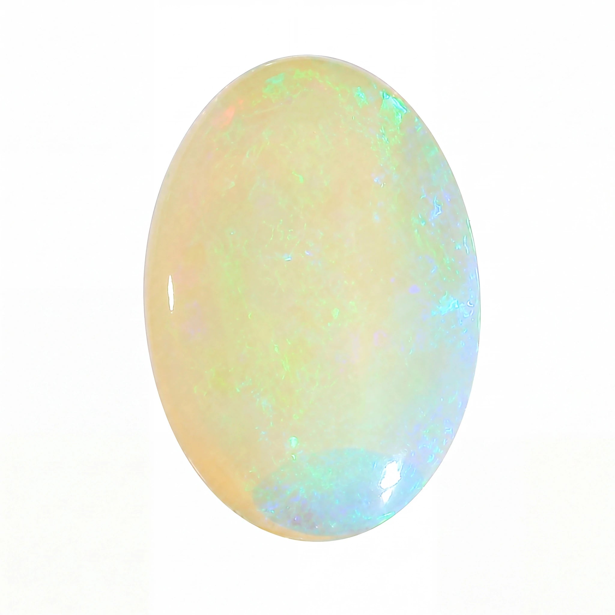 A polished oval cabochon opal gemstone displaying a soft pearlescent body with shifting iridescent flashes of blue, green, and yellow on a white background.