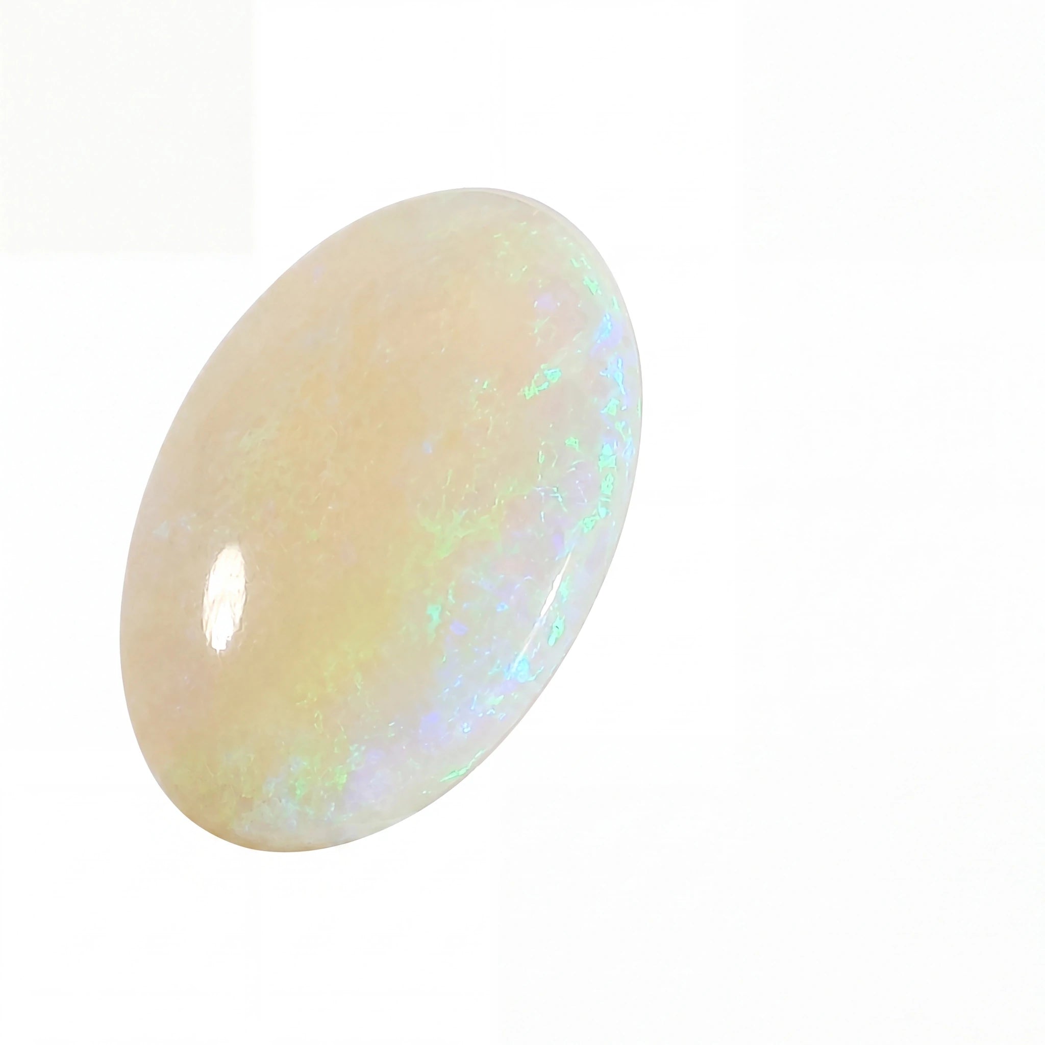 A polished oval cabochon gemstone with a creamy off-white body and iridescent flashes of blue, green, and pink, shown on a plain white background.