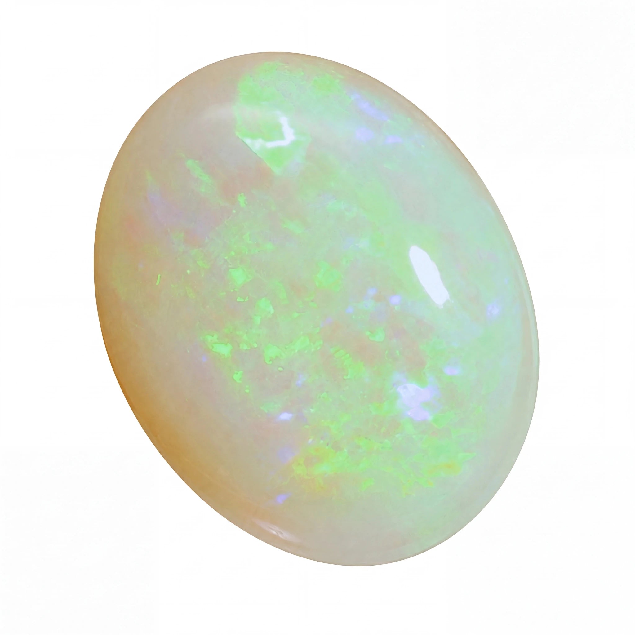 A polished oval cabochon gemstone with a milky white base and vibrant iridescent flashes of green, blue, and soft pink, shown on a plain white background.