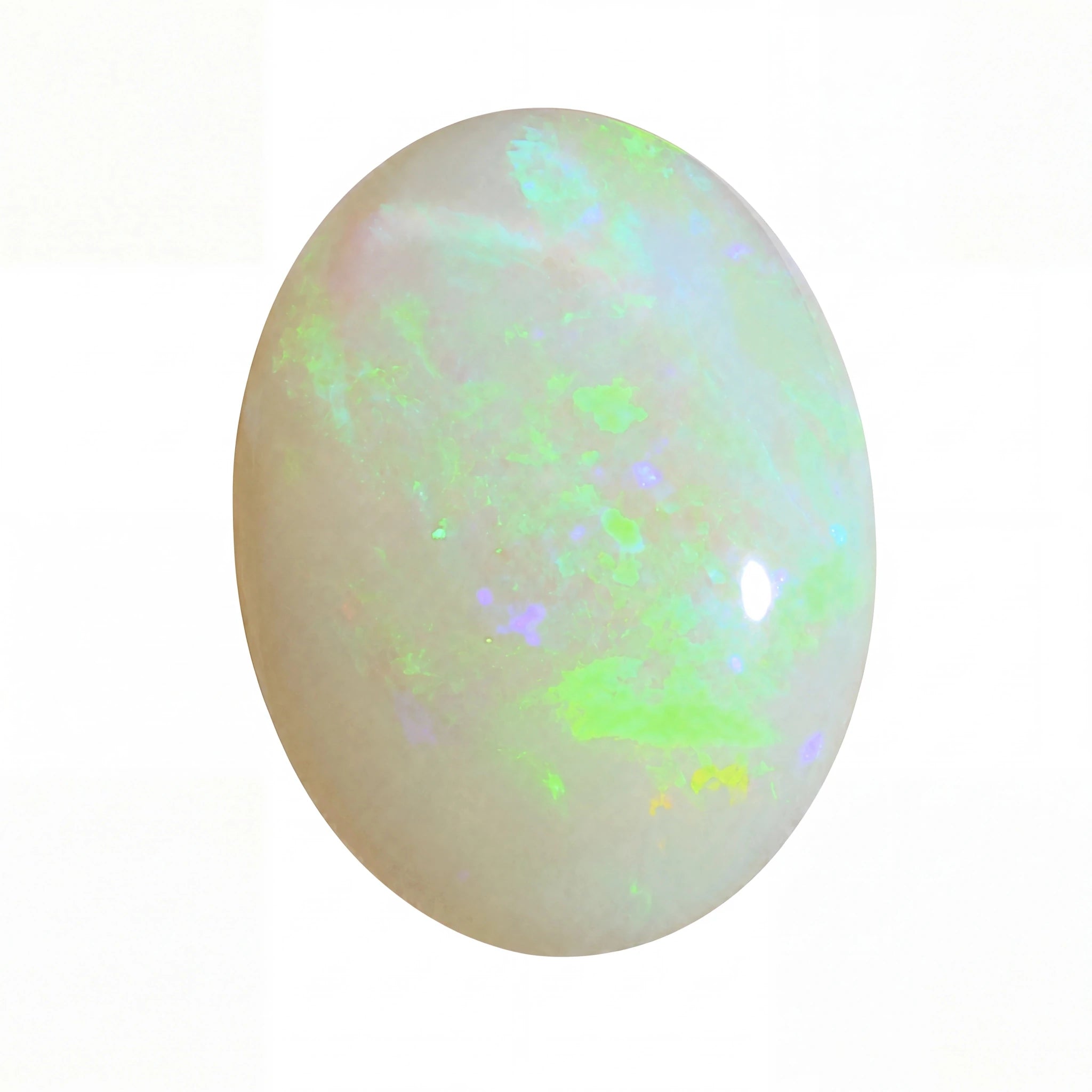 Opal stone with multicoloured play of light on a white background