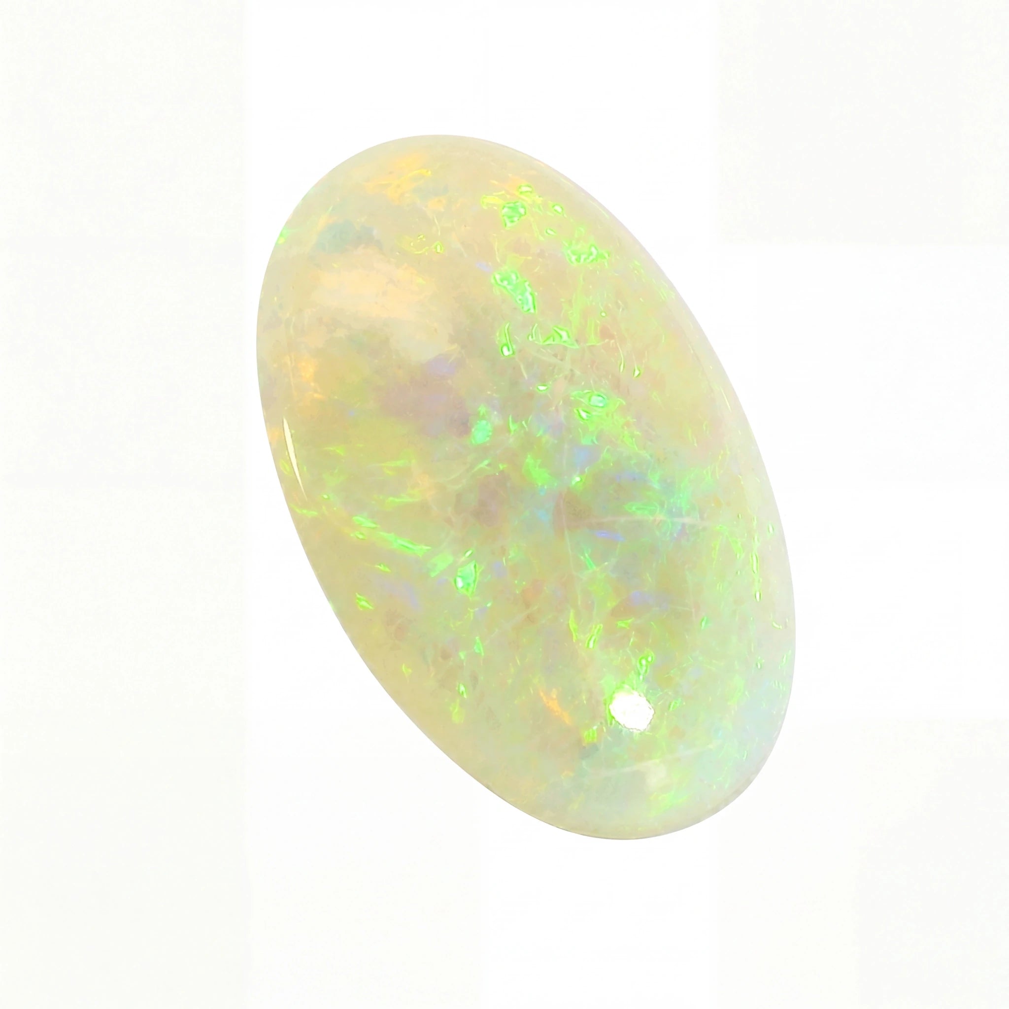 A polished oval cabochon gemstone with a white base and vibrant iridescent flashes of green, blue, and yellow, set against a plain white background.