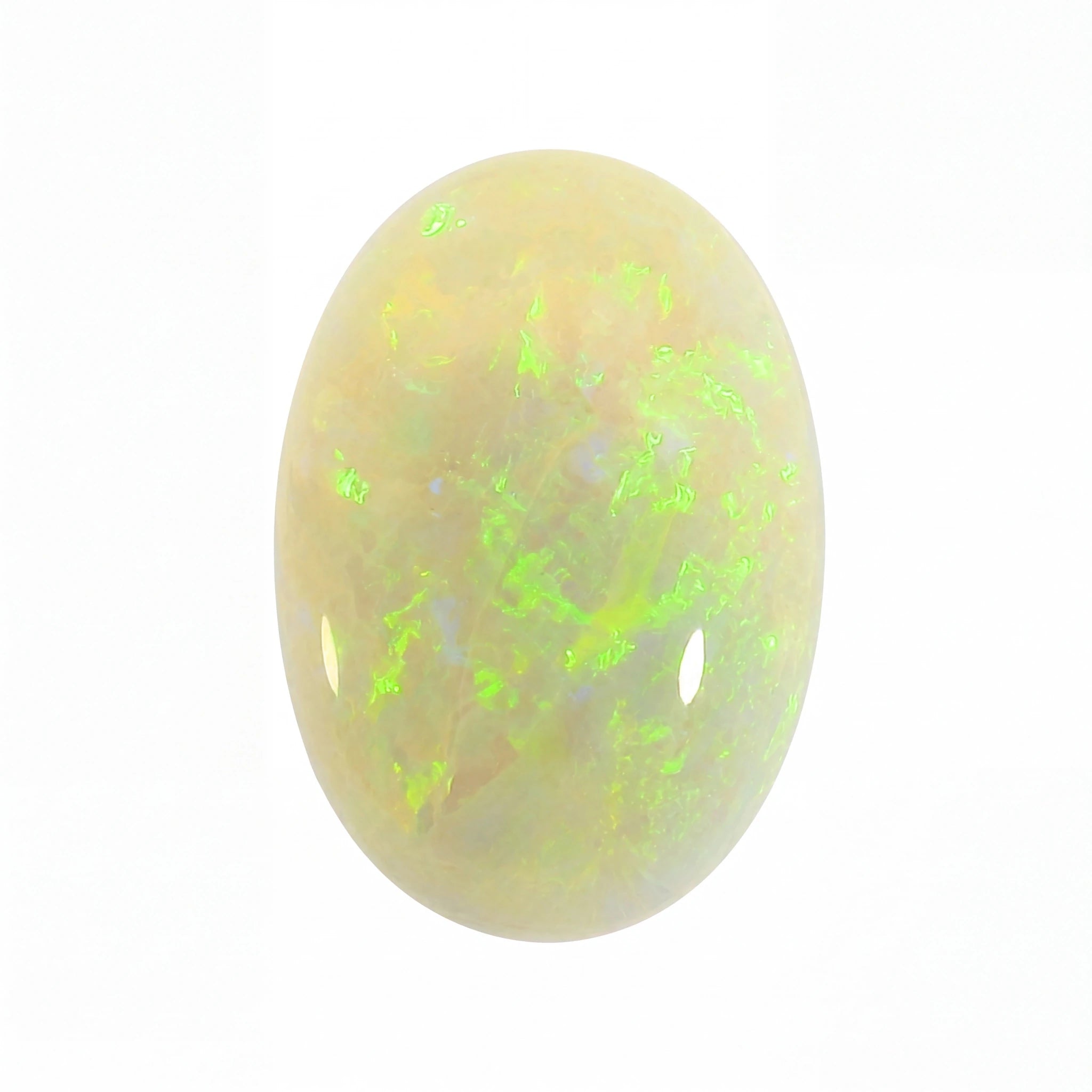 A polished oval cabochon gemstone with a milky white base and vibrant neon green iridescent flashes, set against a plain white background.