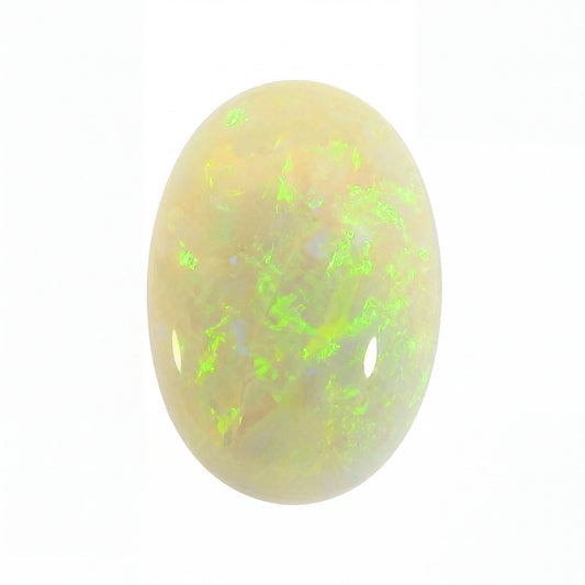 A polished oval cabochon gemstone with a milky white base and vibrant neon green iridescent flashes, set against a plain white background.