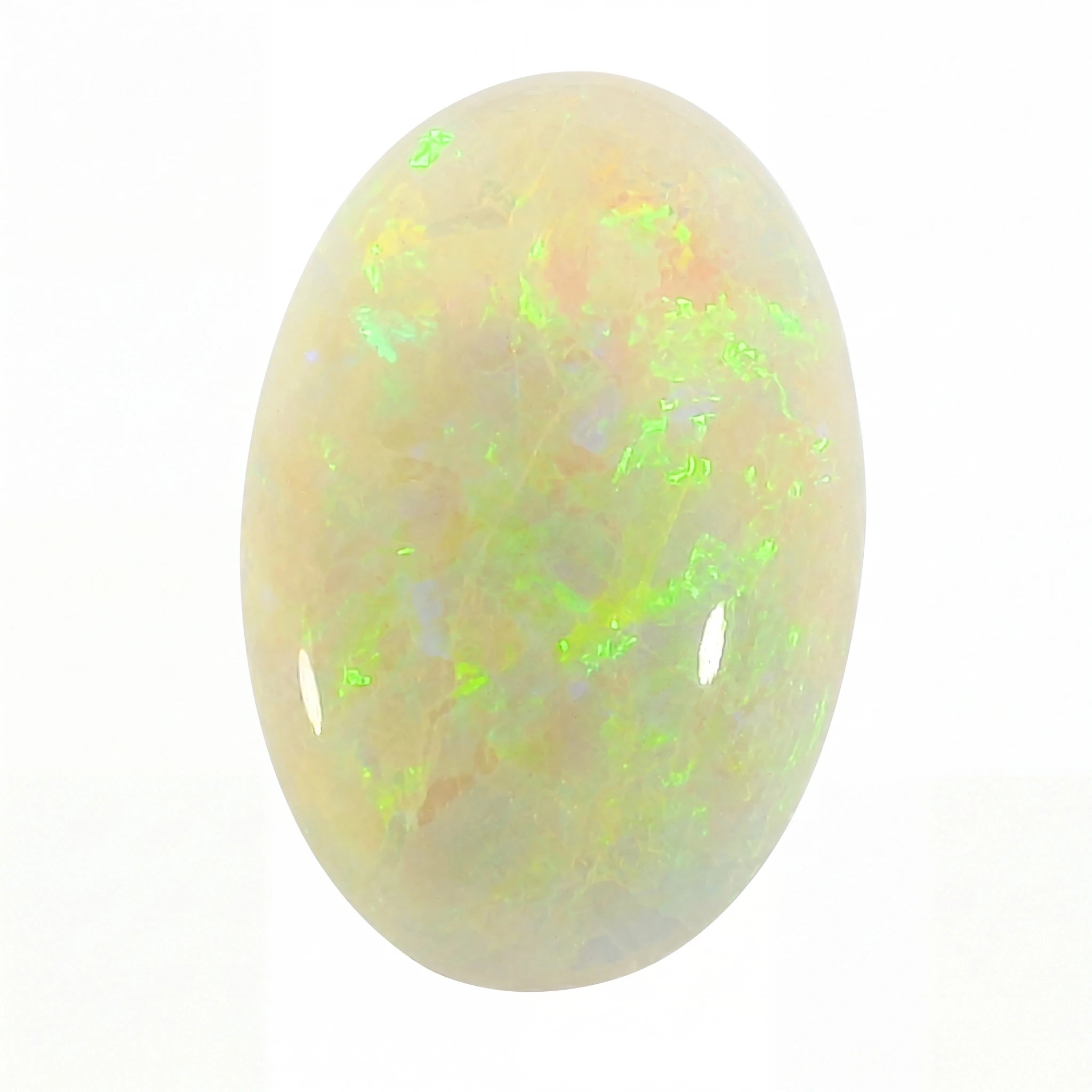 A polished oval cabochon opal gemstone displaying a creamy off-white base with vibrant, shifting flashes of neon green, yellow, and soft orange, set against a plain white background.