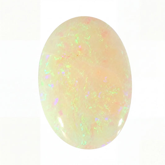 An oval cabochon gemstone with a milky white base and vibrant, shifting opalescent flashes of green, pink, and blue, set against a plain white background.