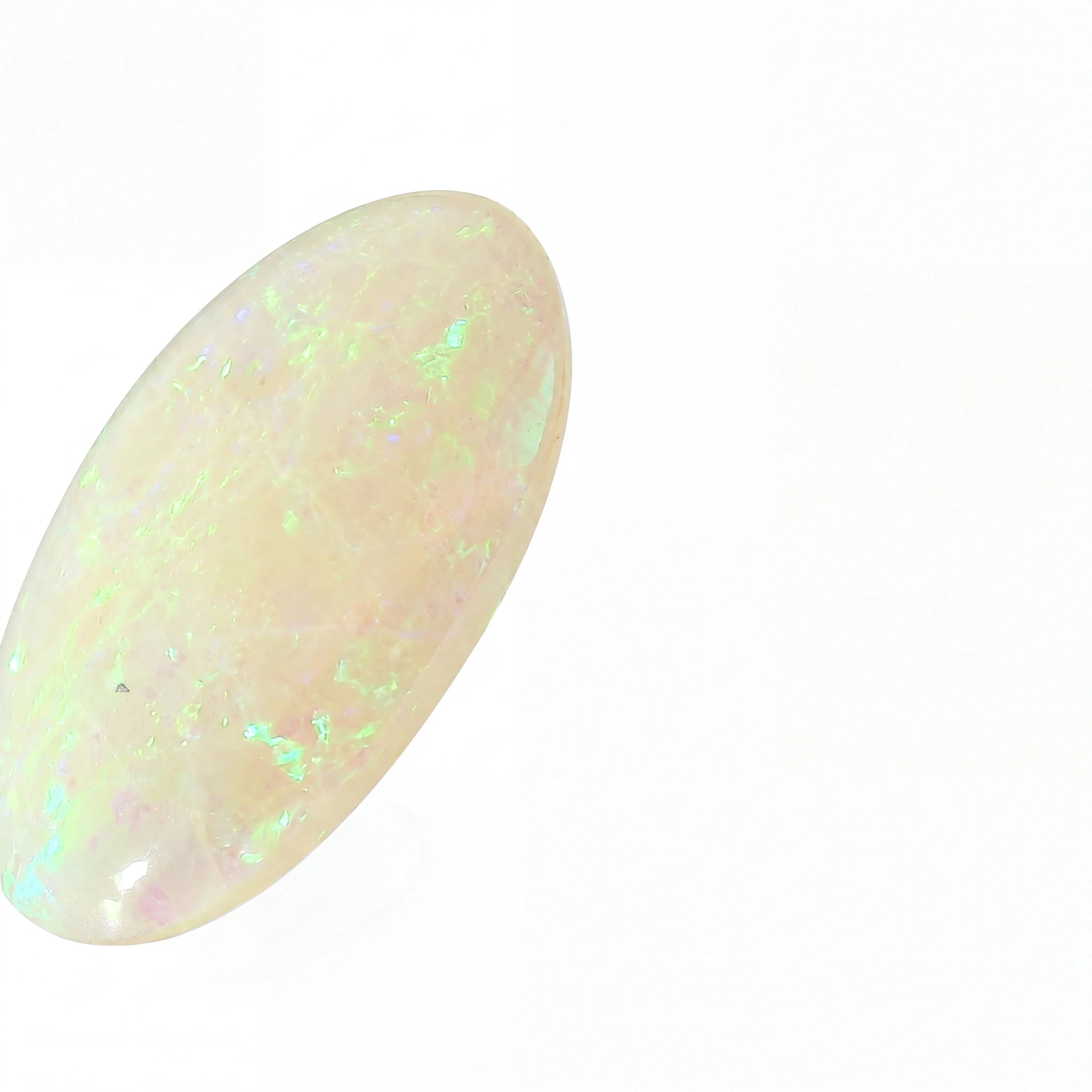A polished oval cabochon gemstone with a milky white base and vibrant iridescent flashes of green, blue, and pink, shown on a plain white background.