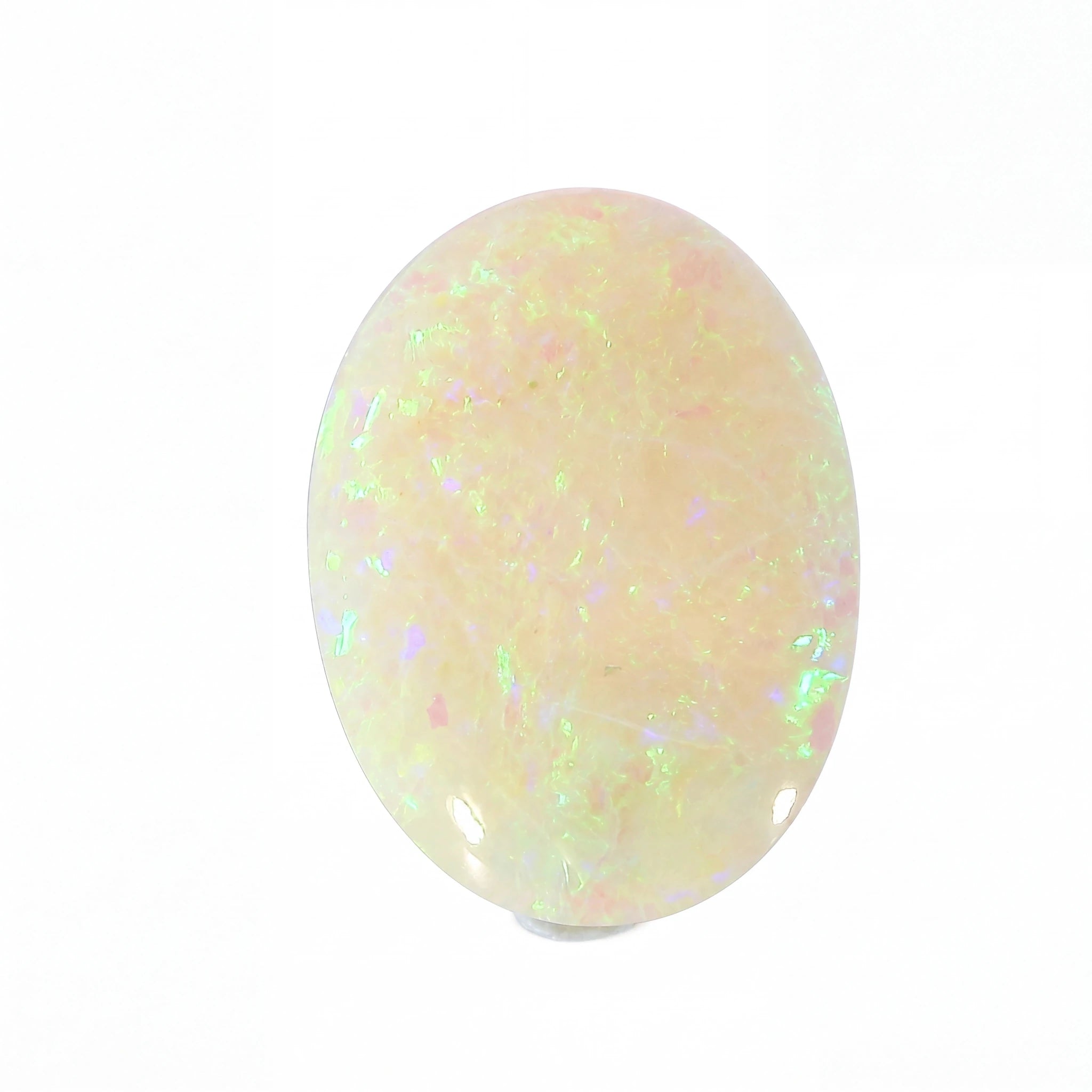 An oval cabochon gemstone with a milky white base and vibrant iridescent flashes of green, pink, and blue, displayed on a clean white background.