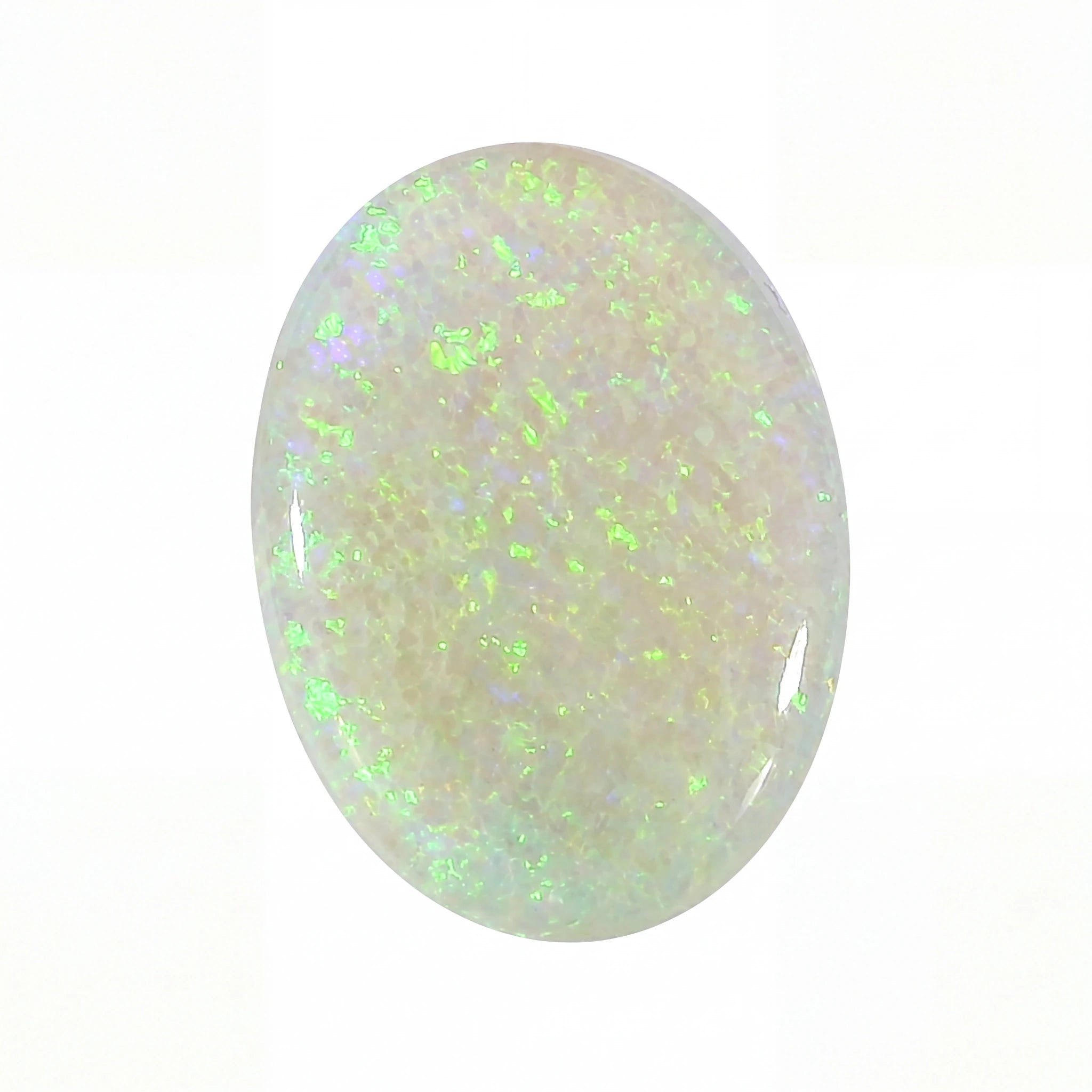 A polished oval cabochon opal gemstone displaying a white base with vibrant green and iridescent blue flashes, set against a plain white background.
