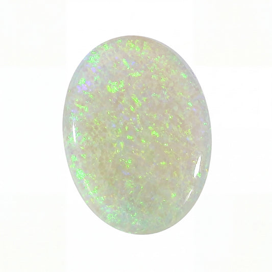 A polished oval cabochon opal gemstone displaying a white base with vibrant green and iridescent blue flashes, set against a plain white background.