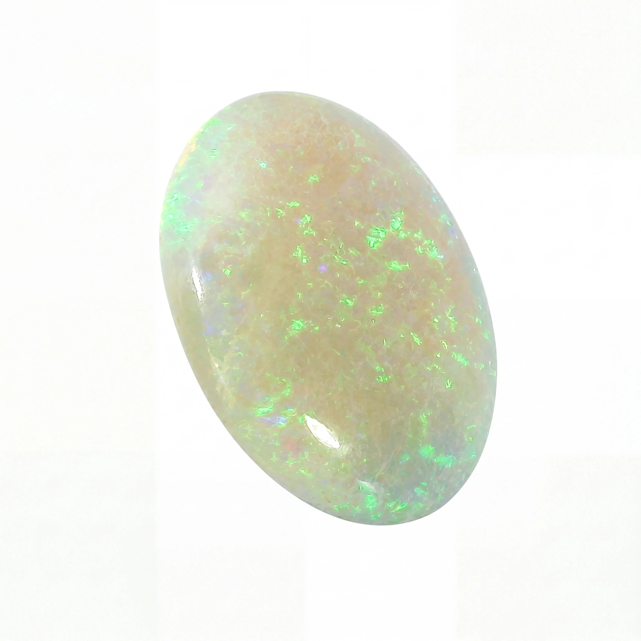A polished oval cabochon opal gemstone with a creamy off-white base and vibrant green iridescent flashes, shown on a plain white background.