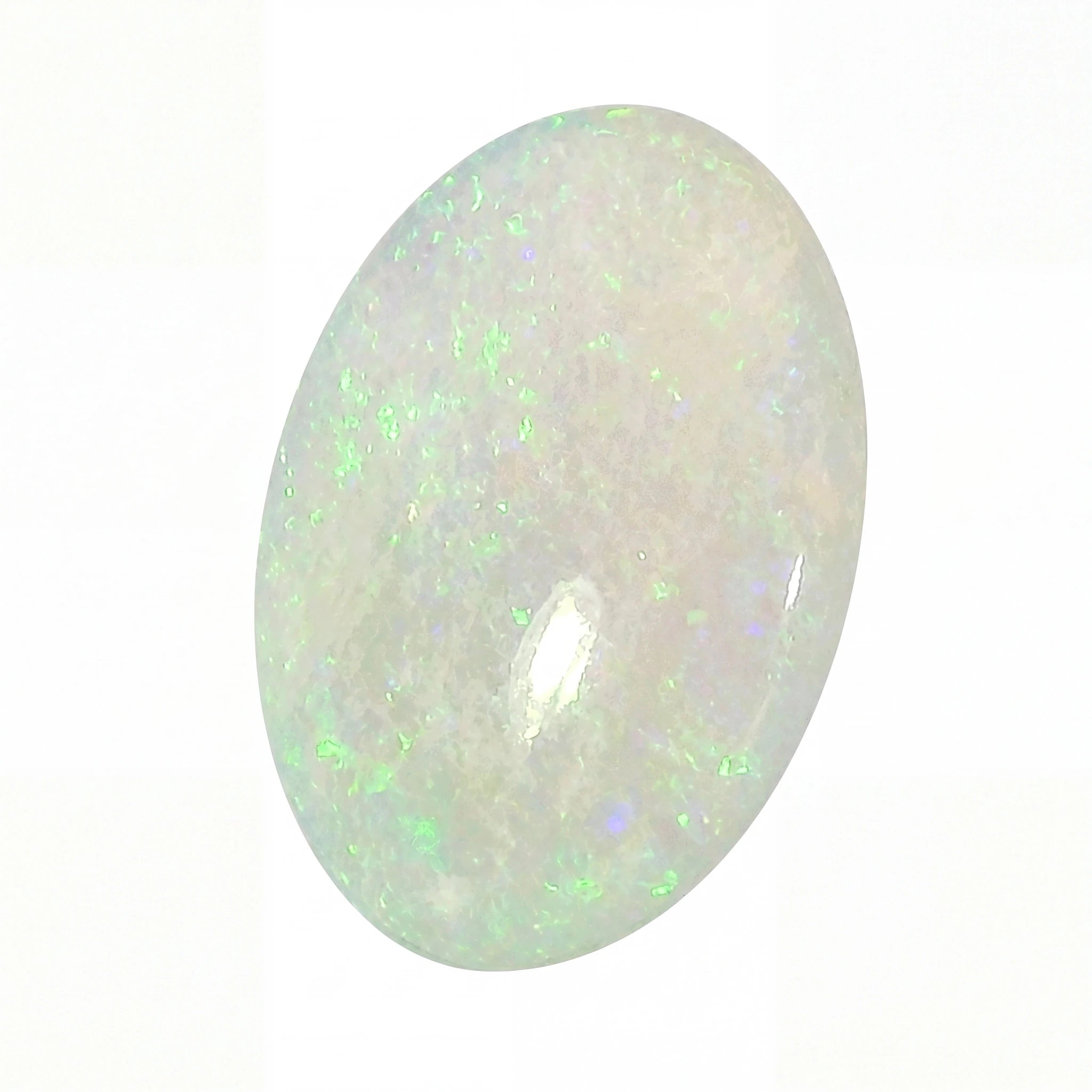 A polished oval cabochon gemstone with a milky white base and vibrant, shifting iridescent flashes of green, blue, and purple, set against a plain white background.