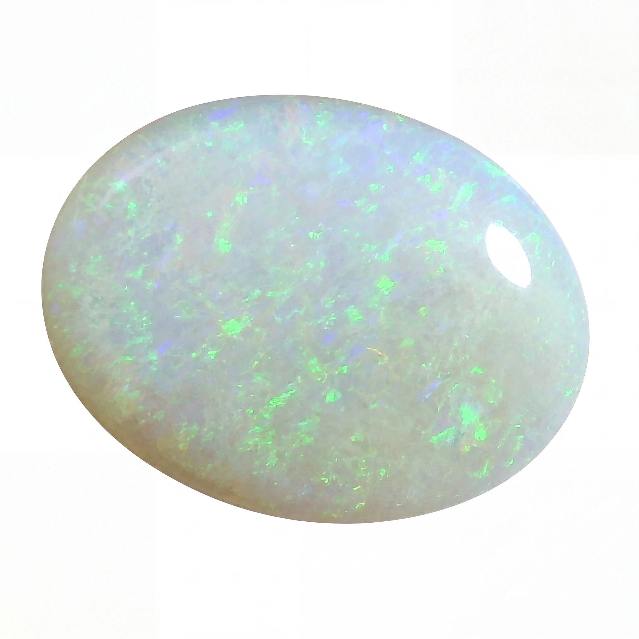 A polished oval cabochon opal gemstone displaying a milky white base with vibrant flashes of green, blue, and orange iridescence, set against a plain white background.