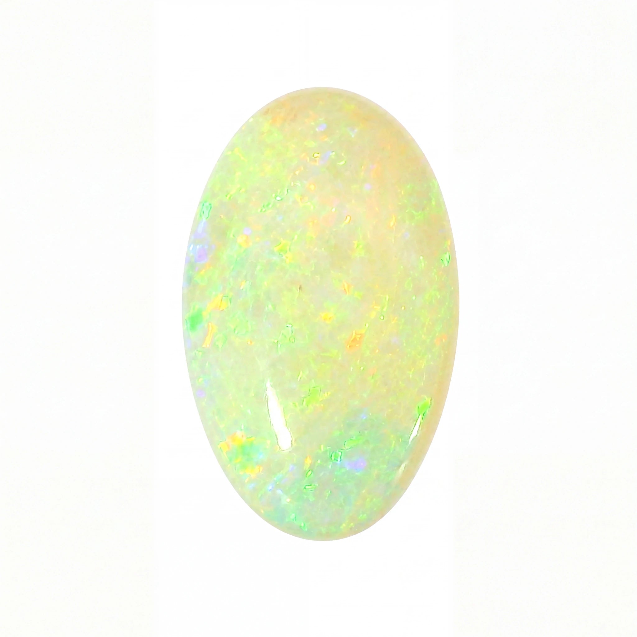 A polished oval cabochon opal gemstone displaying a play-of-colour with vibrant flashes of green, blue, yellow, and orange against a soft white base, set against a plain white background.