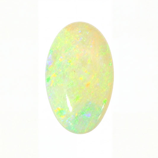 A polished oval cabochon opal gemstone displaying a play-of-colour with vibrant flashes of green, blue, yellow, and orange against a soft white base, set against a plain white background.