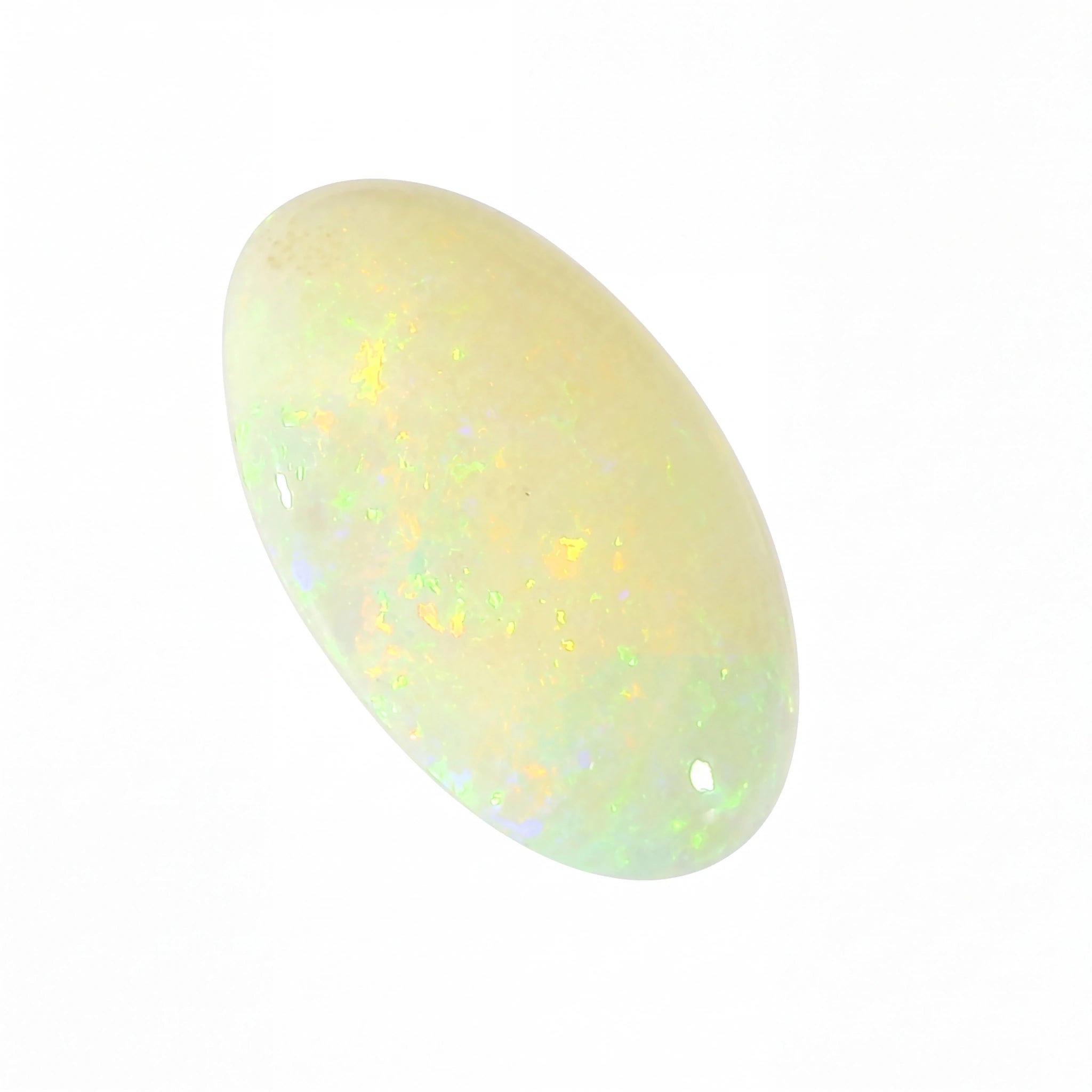 A polished oval cabochon gemstone with a milky white base and vibrant iridescent flashes of yellow, green, and blue, set against a plain white background.