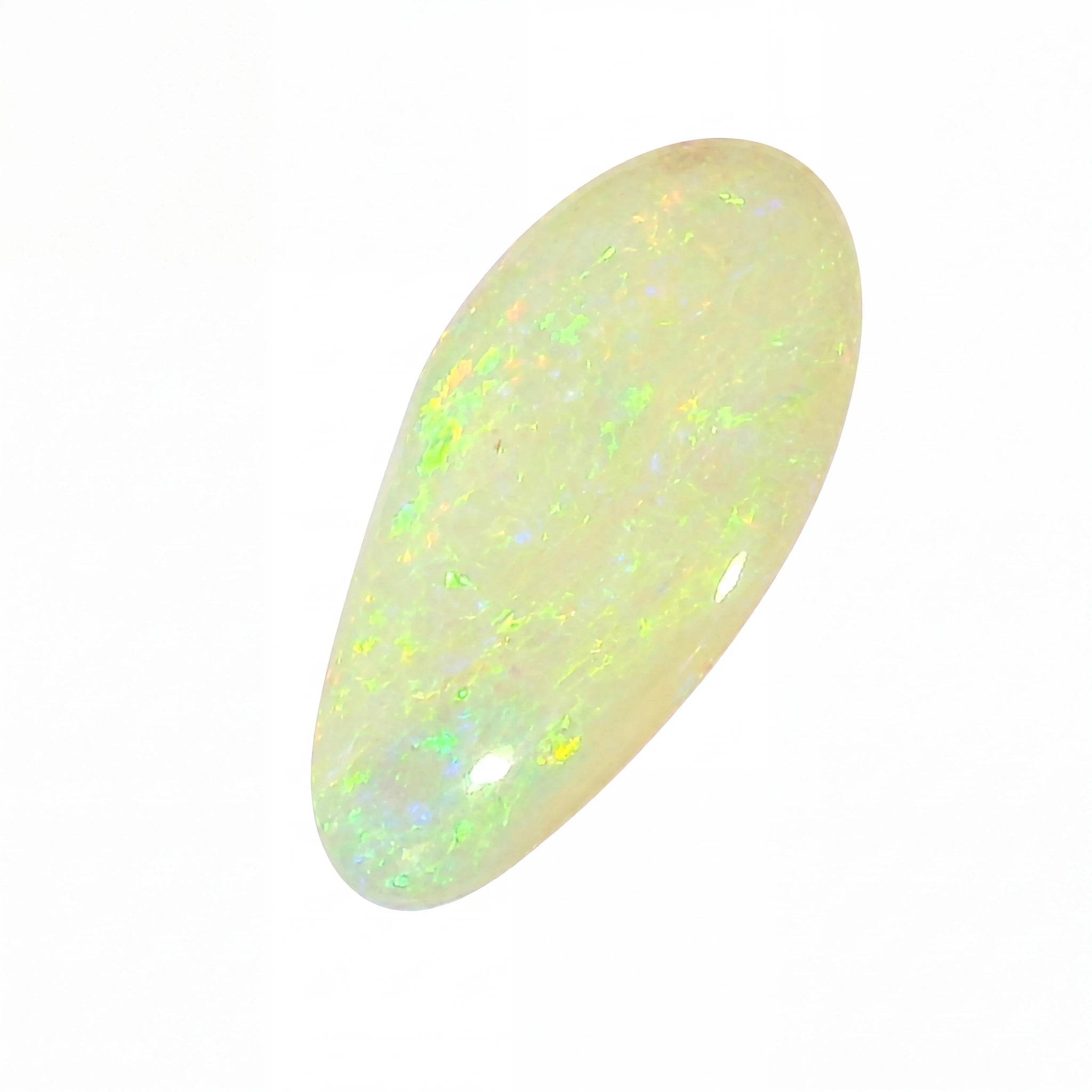 Opal stone with multicolour play of light on a white background