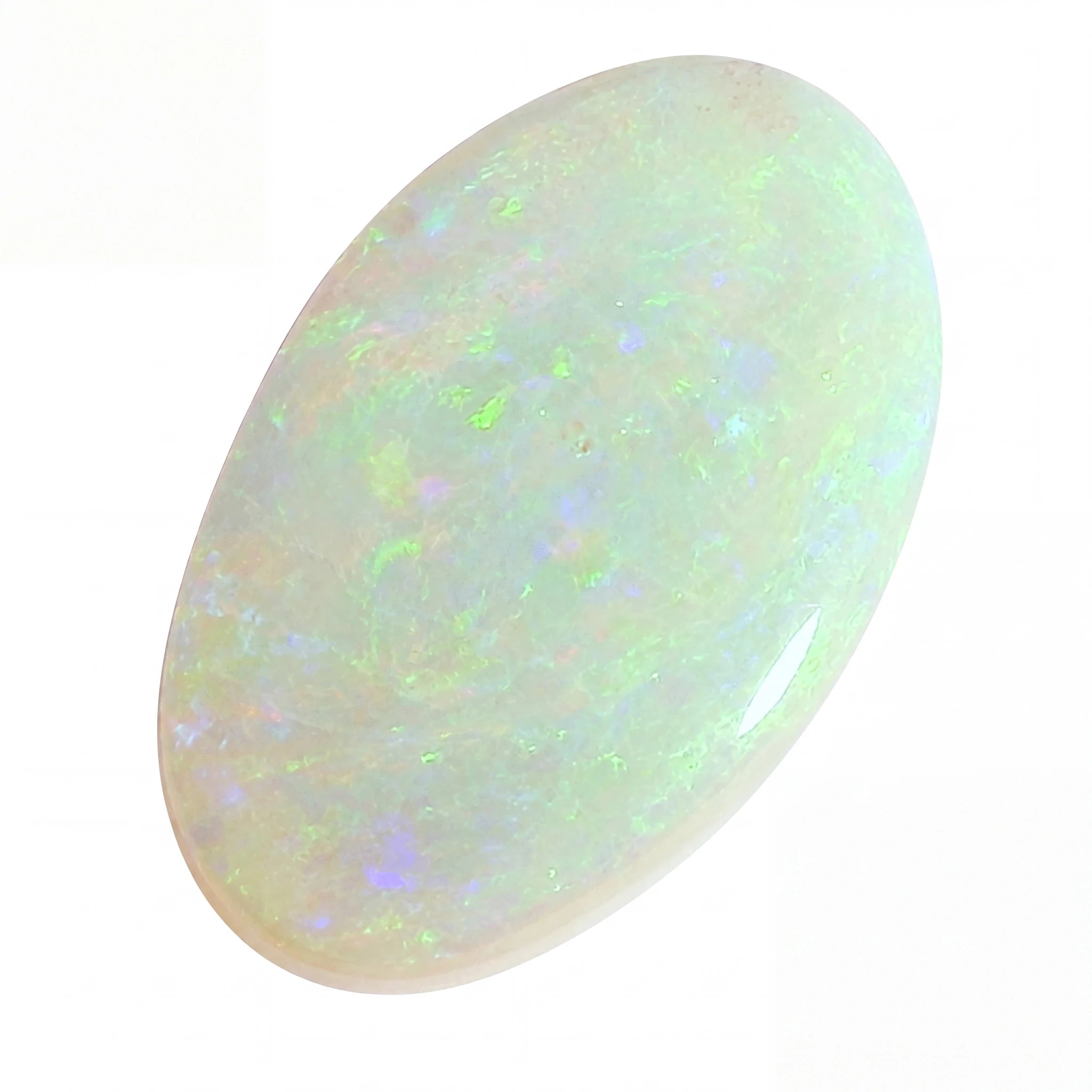 Opal stone with multicoloured play of light on a white background