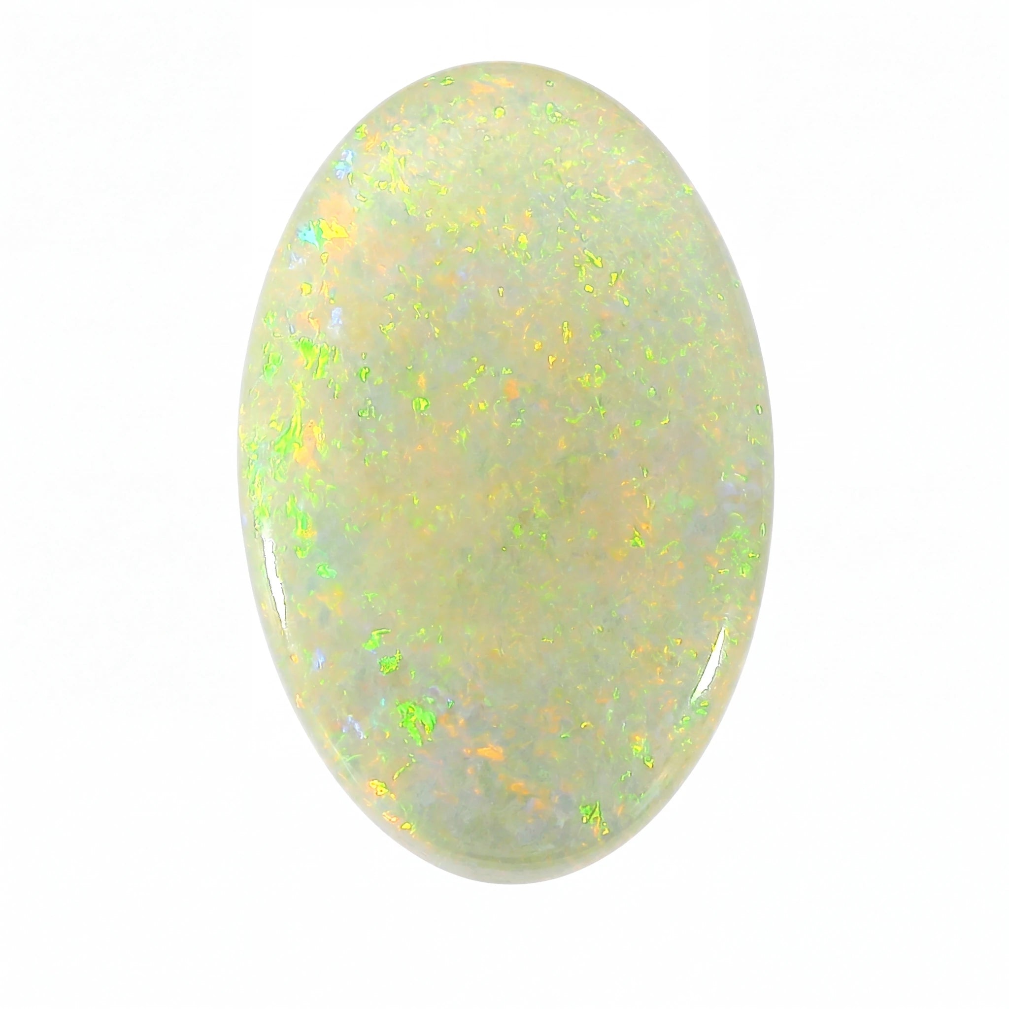 A polished oval cabochon gemstone with a milky white base and vibrant iridescent flashes of green, yellow, and orange, set against a plain white background.