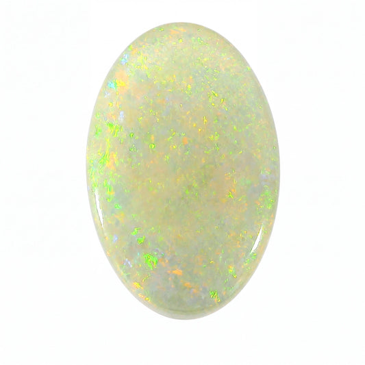 A polished oval cabochon gemstone with a milky white base and vibrant iridescent flashes of green, yellow, and orange, set against a plain white background.