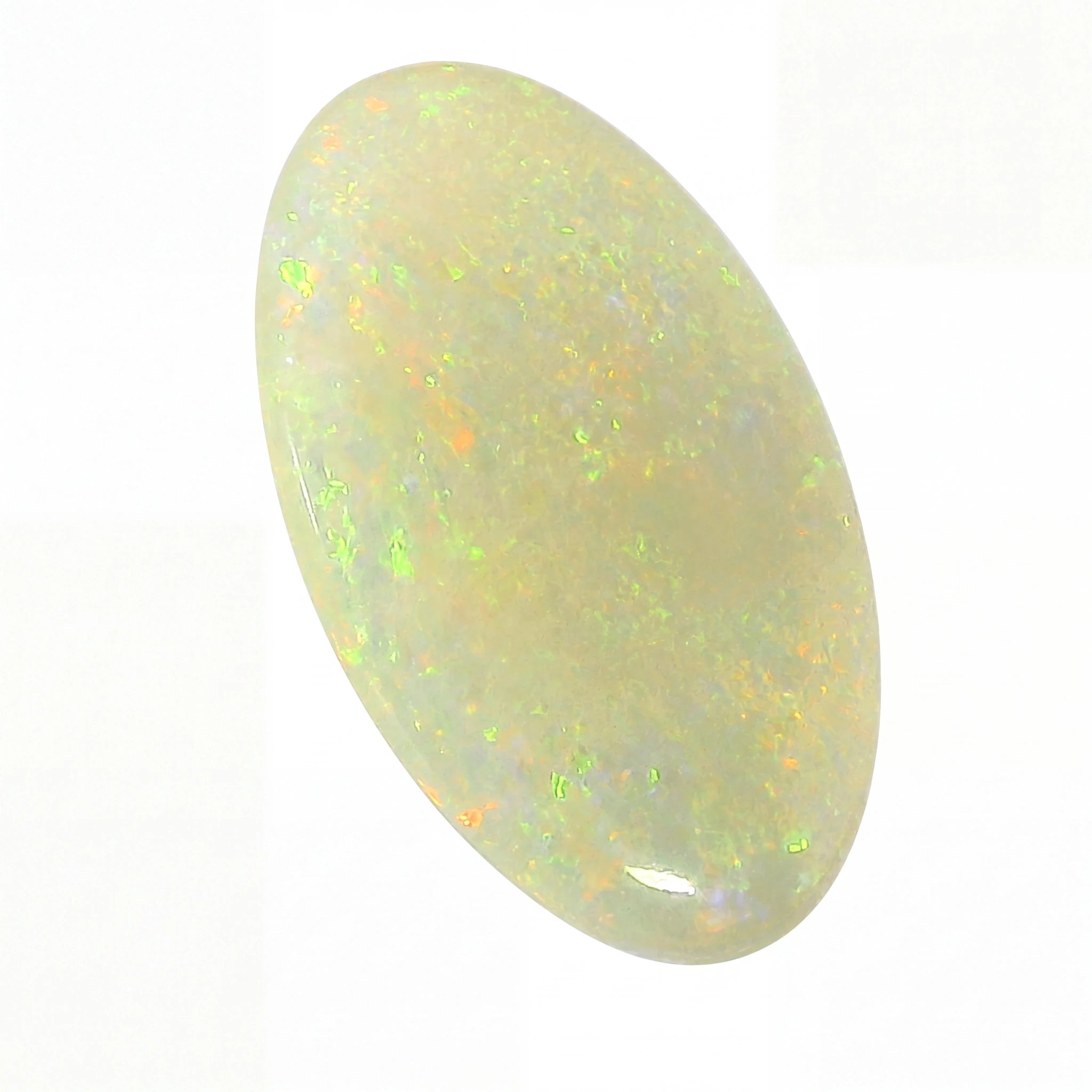 A polished oval cabochon gemstone with a milky white base and vibrant, shifting iridescent flashes of green, orange, and blue, set against a plain white background.
