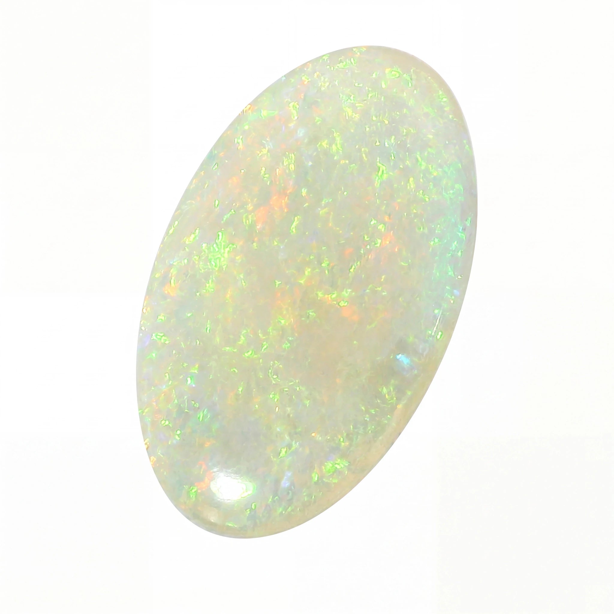 Opal stone with multicolour play of light on a white background