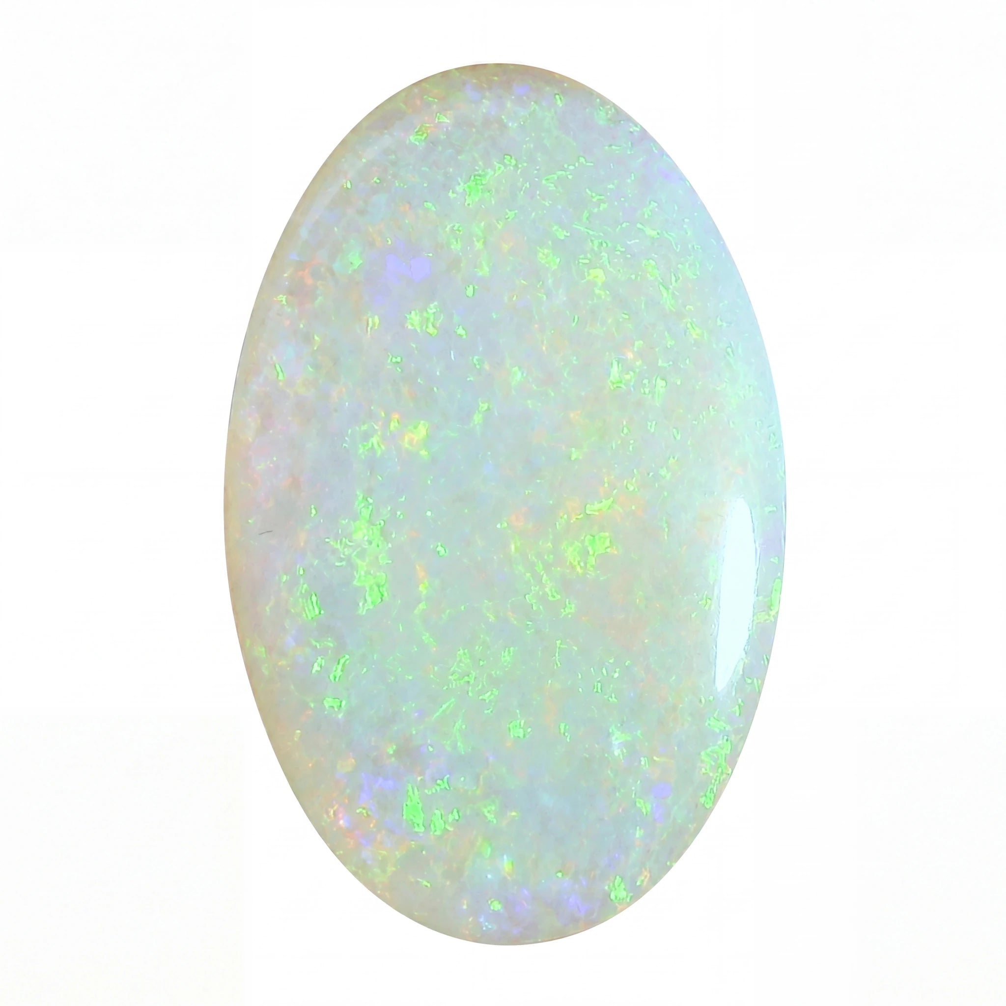 A polished oval cabochon opal gemstone displaying a play-of-colour with vibrant green, blue, and white flashes on a white background.