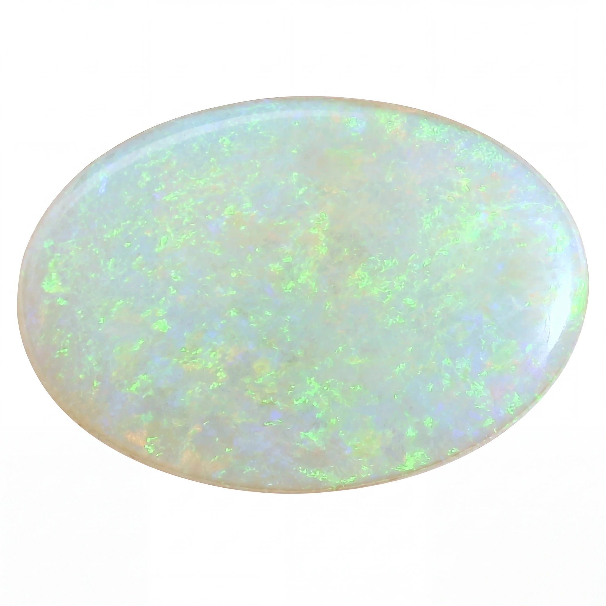 Oval-shaped opal stone with multicolour play of light on a white background