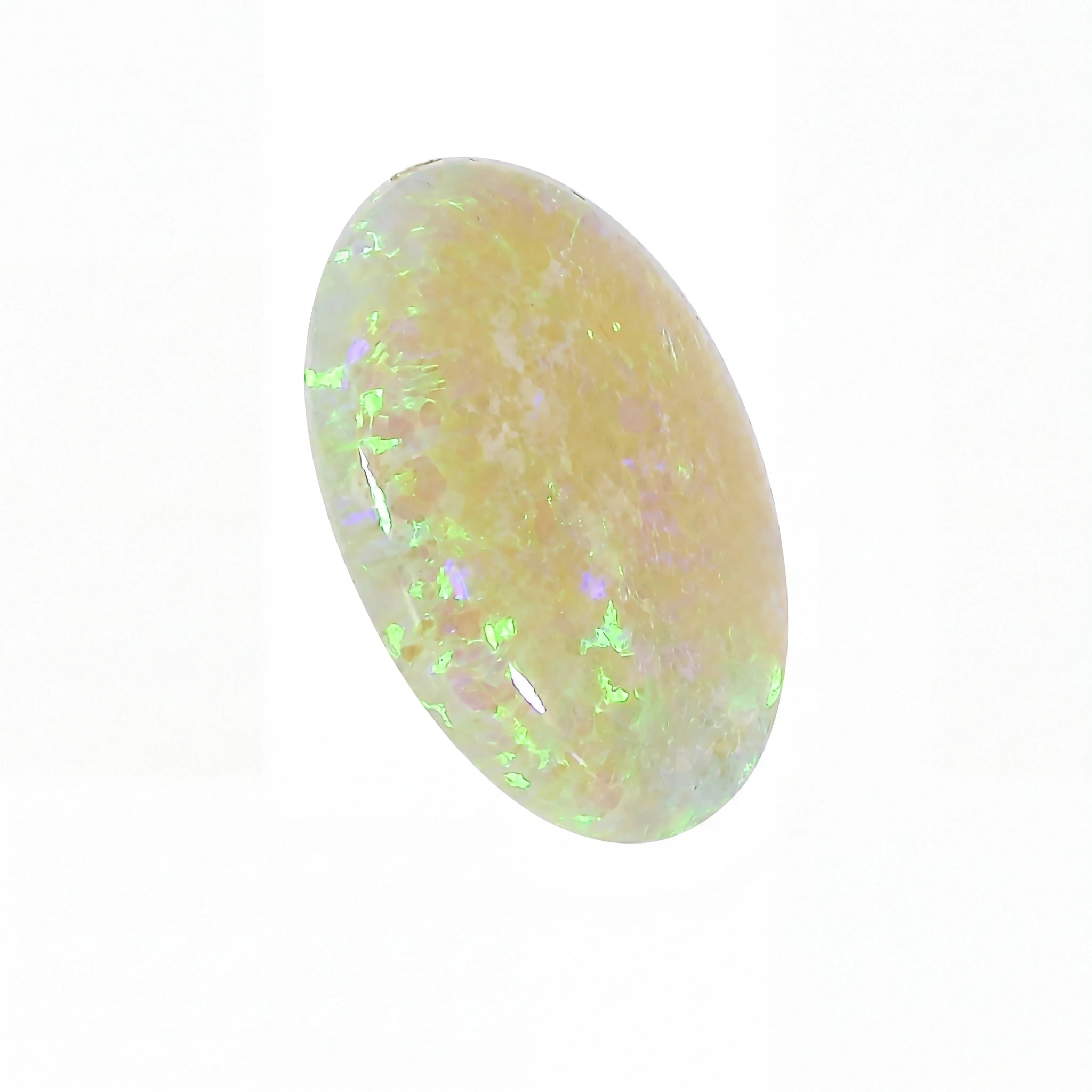 A polished oval cabochon opal gemstone displaying a creamy off-white base with vibrant green, purple, and blue iridescent flashes, set against a plain white background.