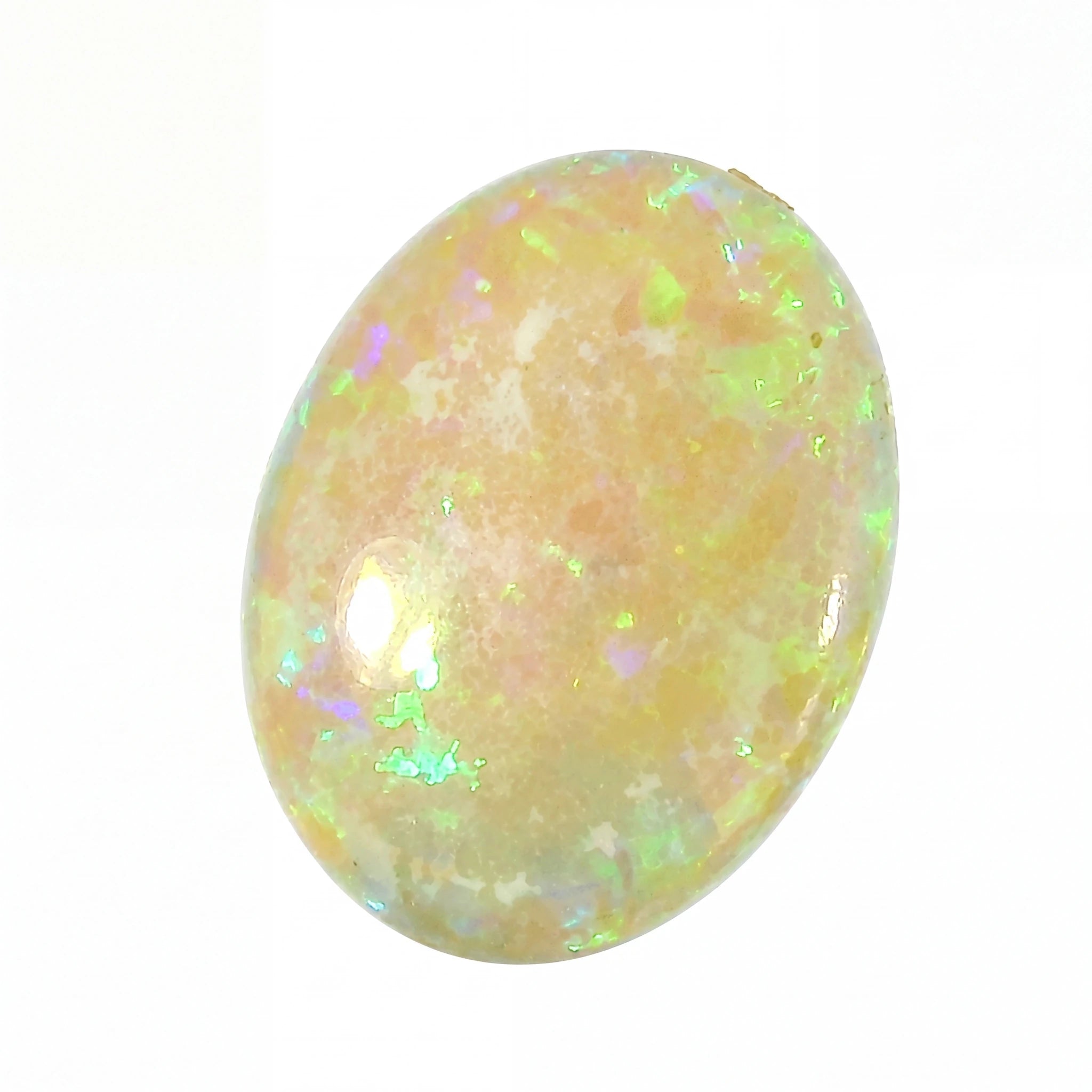 Opal stone with multicolour play of light on a white background