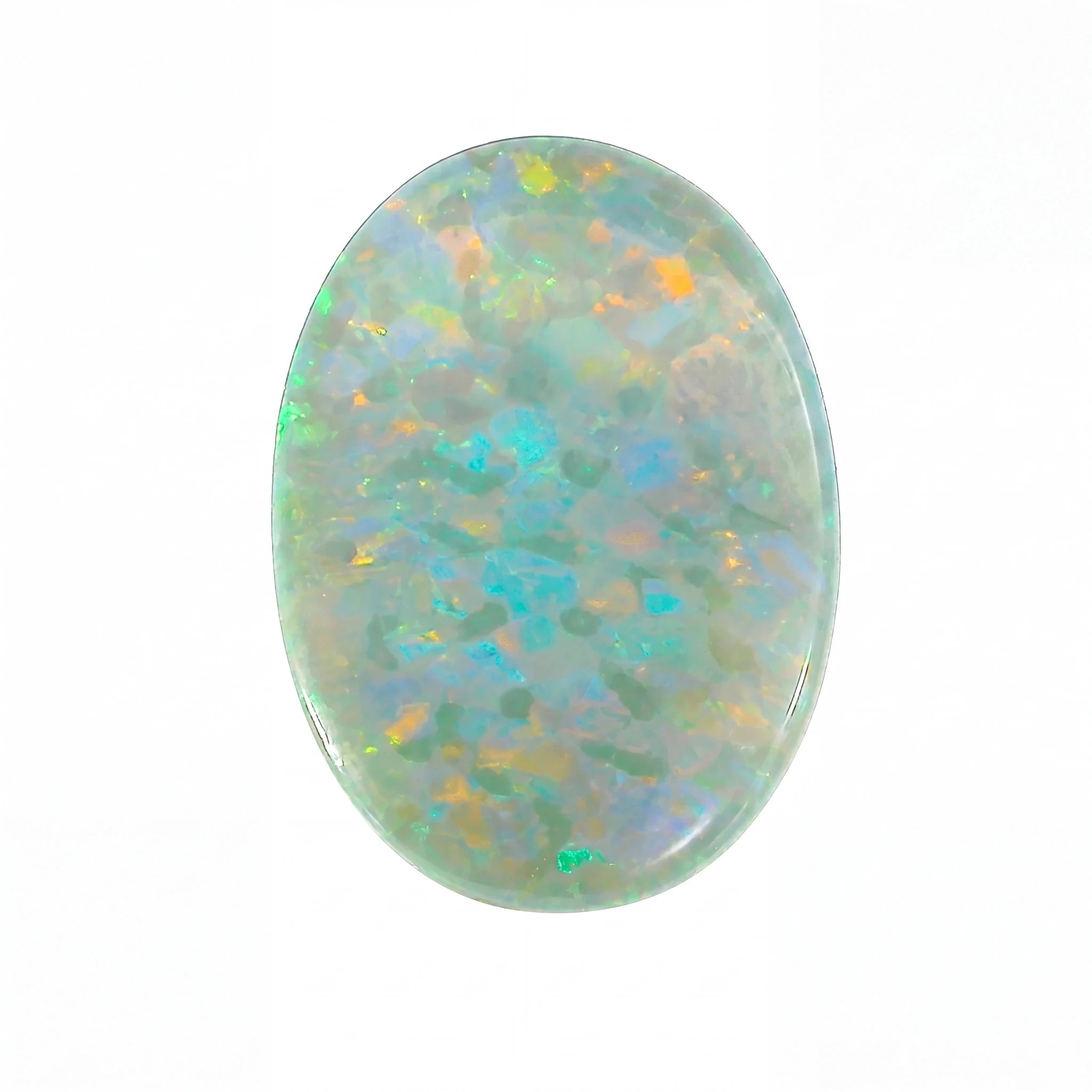 Opal stone with multicoloured speckles on a white background