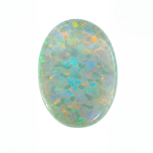 Opal stone with multicoloured speckles on a white background