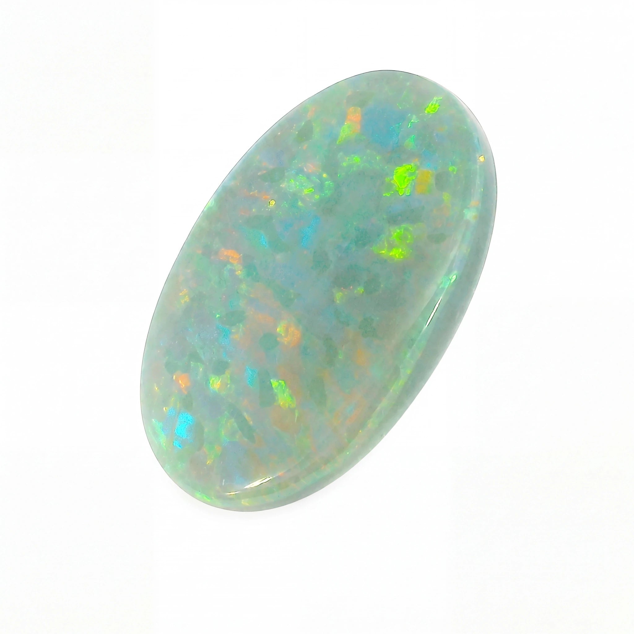 A polished oval cabochon opal gemstone displaying a play-of-colour with vibrant flashes of green, blue, orange, and yellow on a pale grey-green base, set against a plain white background.
