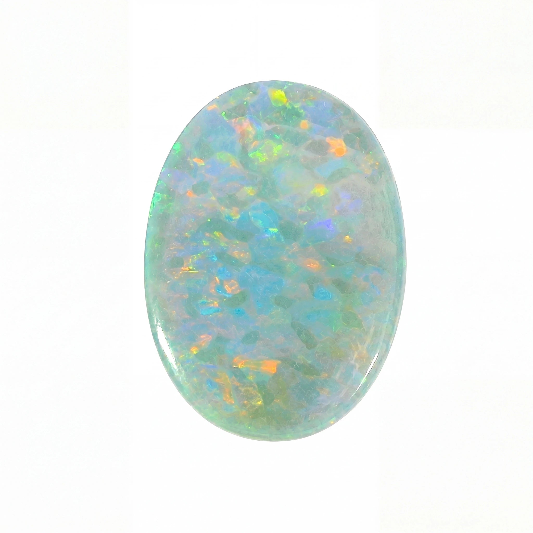 A polished oval cabochon opal gemstone displaying a play-of-colour with blue, green, orange, and white flashes, set against a plain white background.