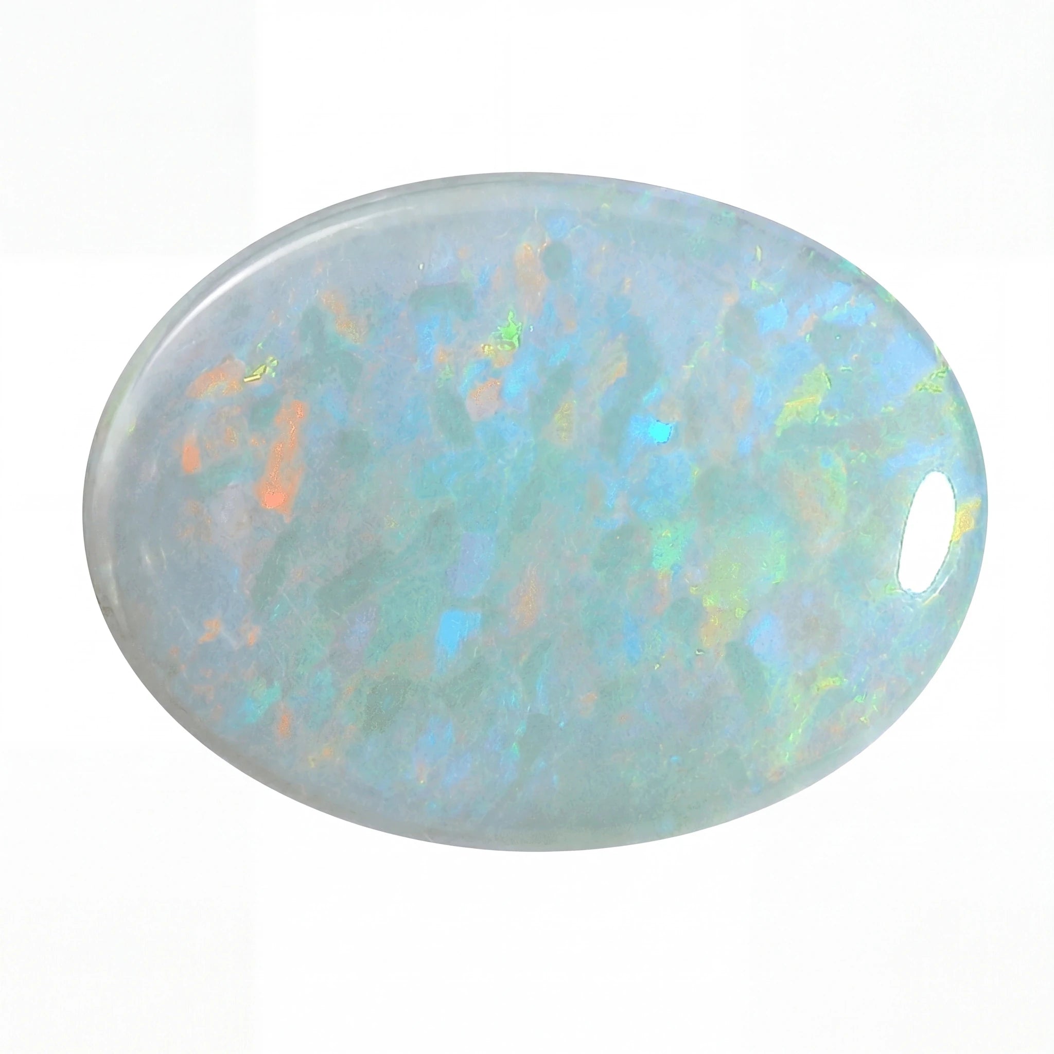 Opal stone with multicoloured iridescent patterns on a white background