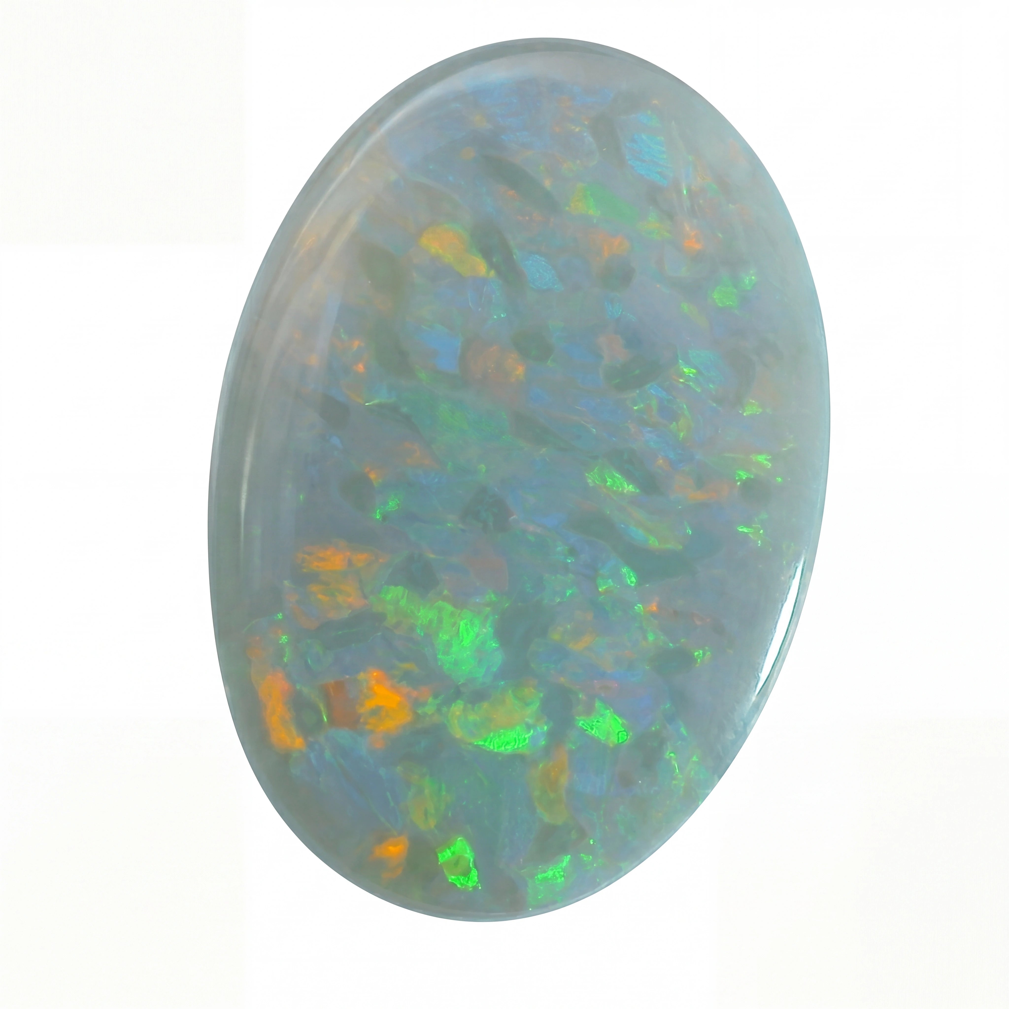 Opal stone with multicoloured play of colors on a white background