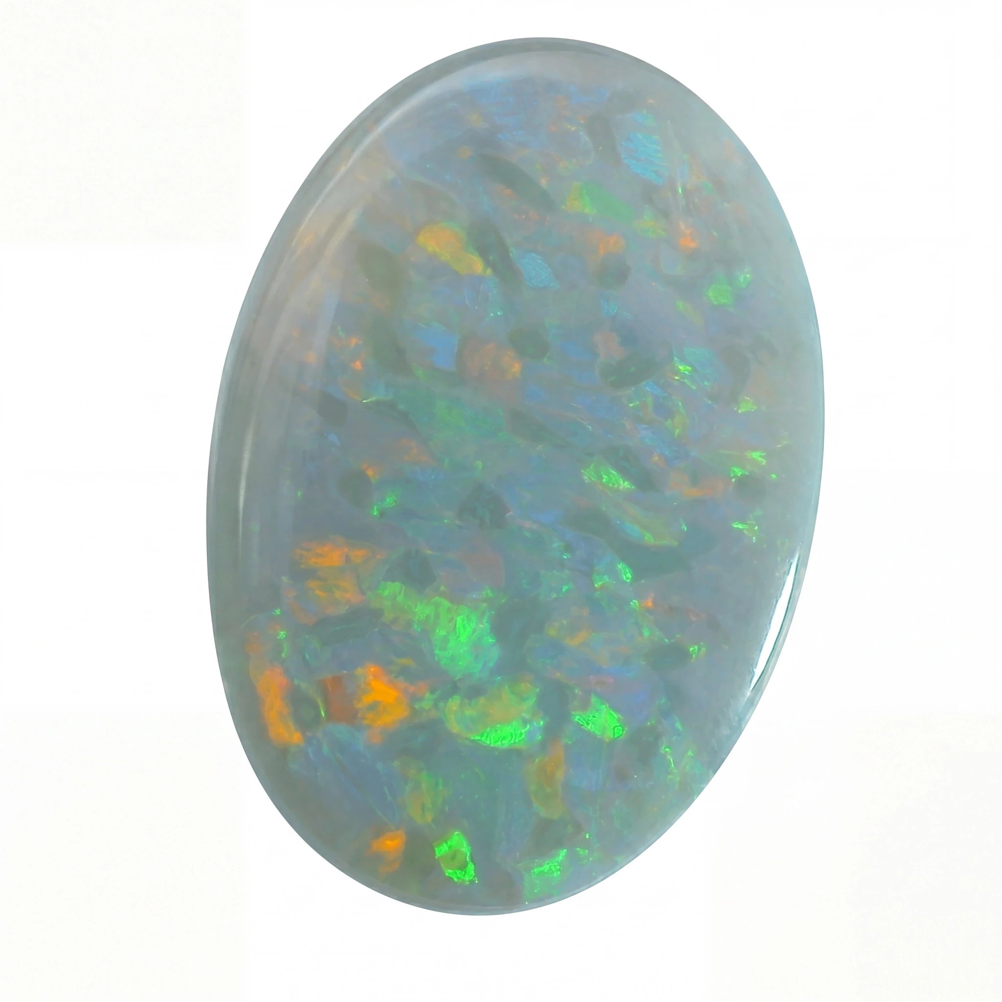 Opal stone with multicoloured play of colours on a white background