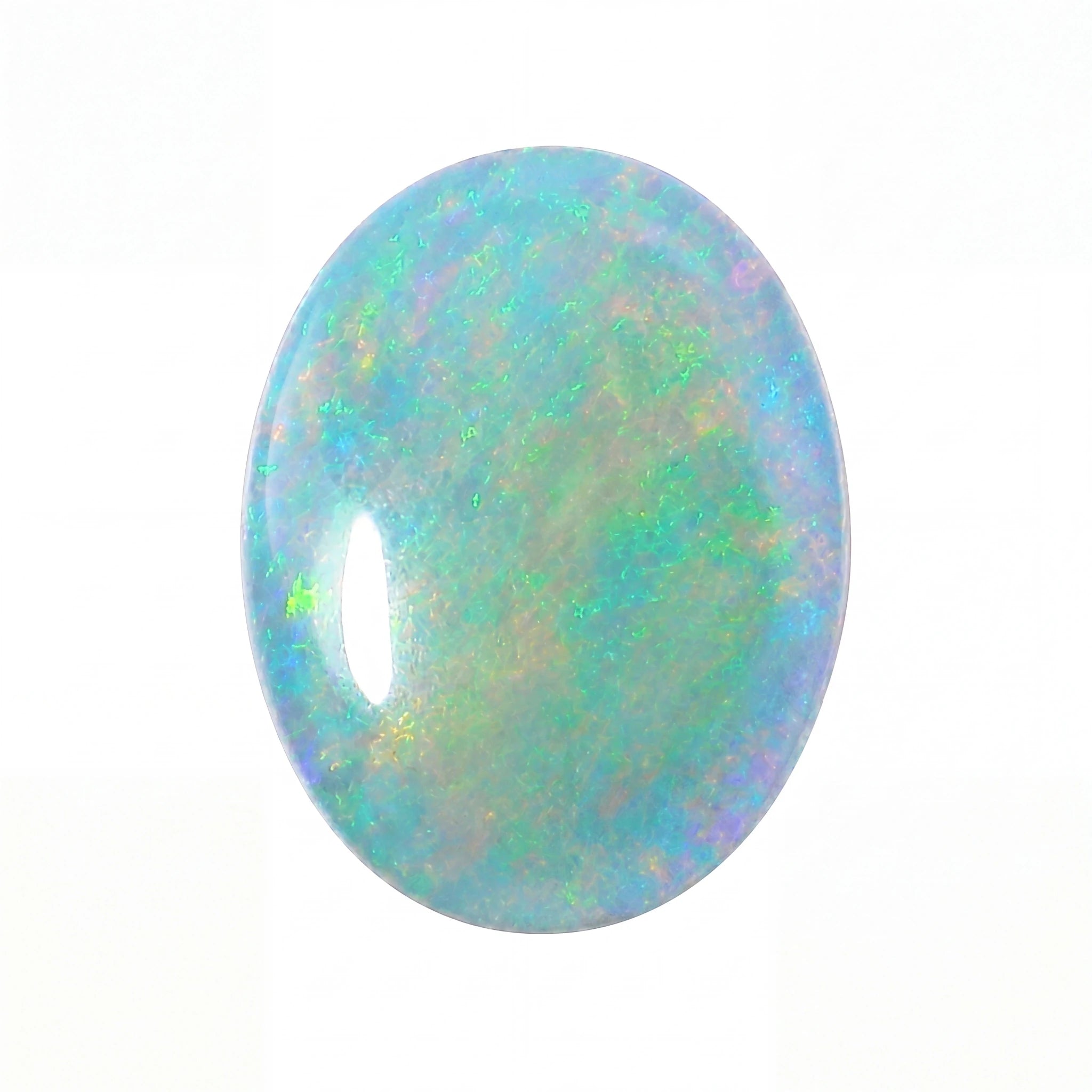 A polished oval cabochon gemstone showing a play-of-colour iridescent pattern with blue, green, purple, and orange hues on a white background.