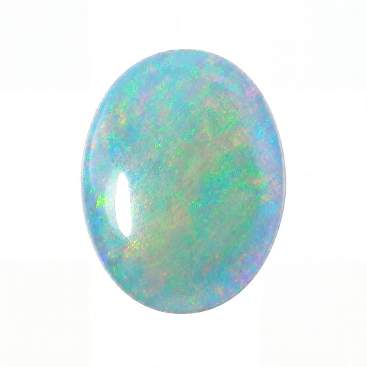 A polished oval cabochon gemstone showing a play-of-colour iridescent pattern with blue, green, purple, and orange hues on a white background.