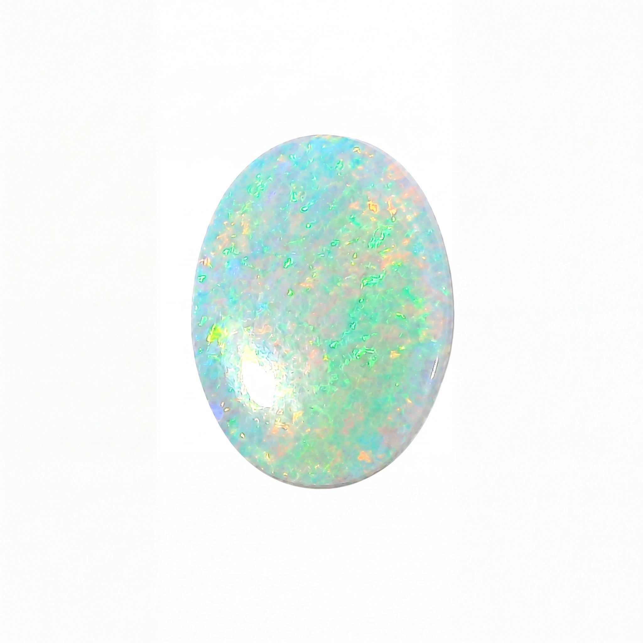 Opal stone with multicolour play of light on a white background