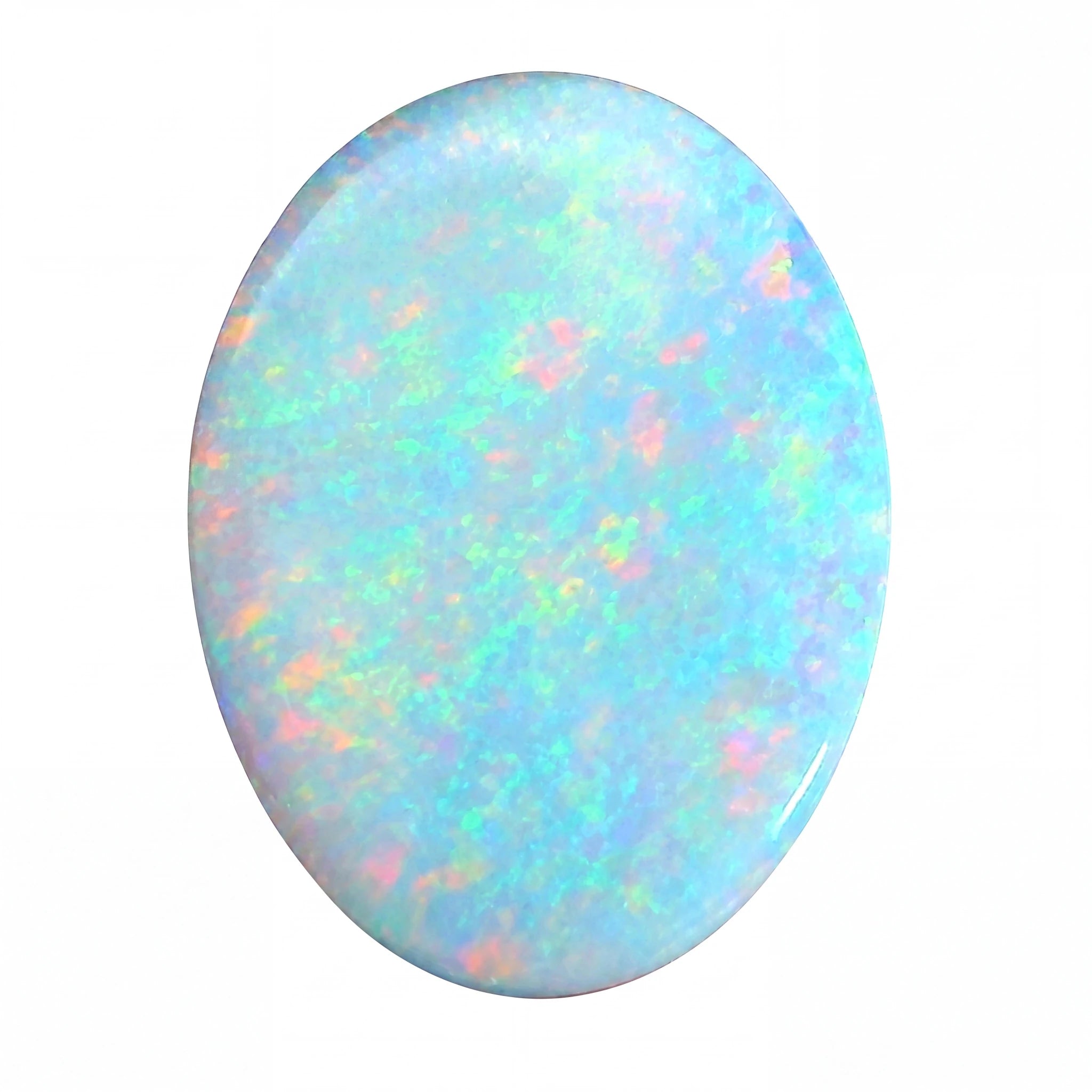 Oval-shaped opal stone with multicoloured play of light on a white background