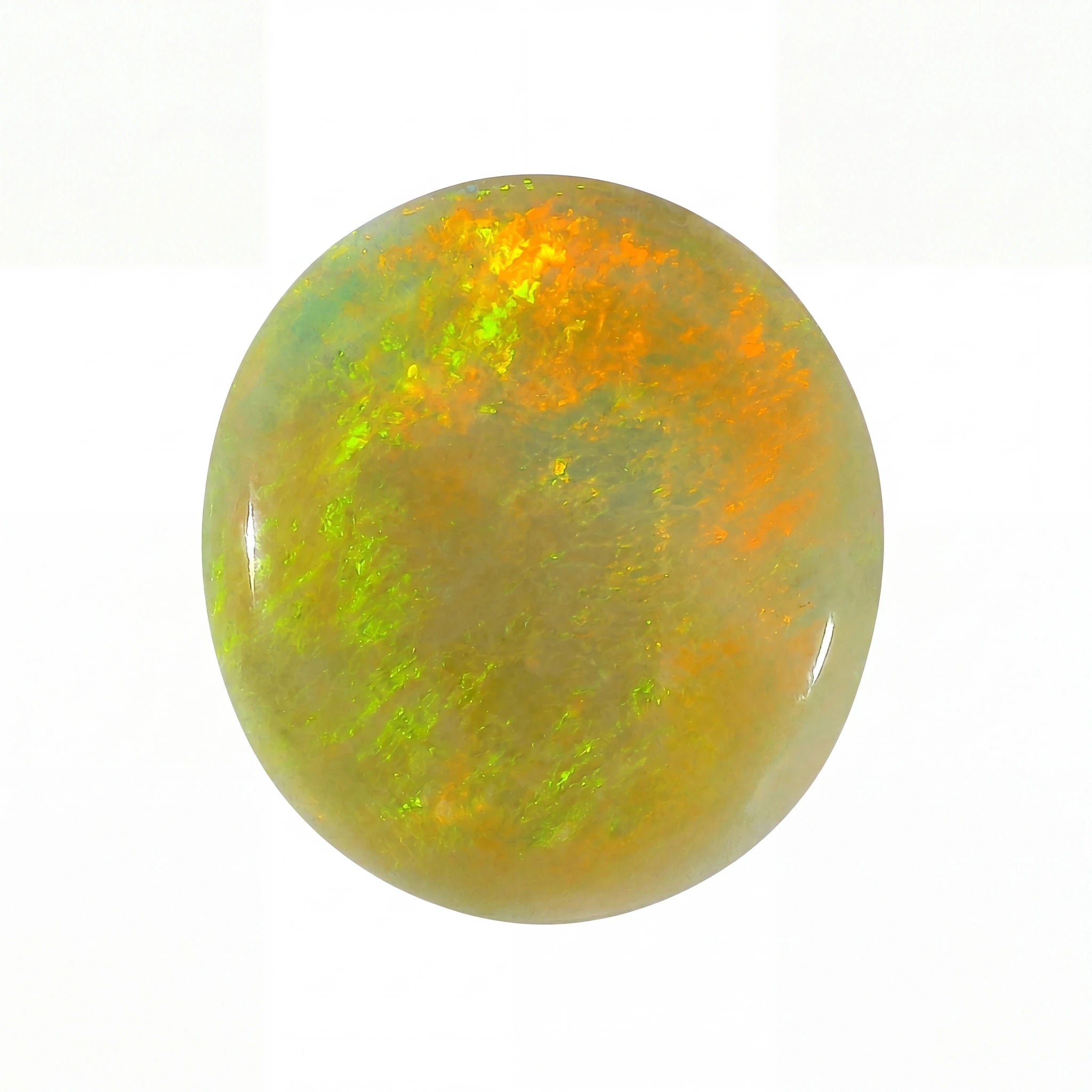 A polished round cabochon gemstone showing vibrant flashes of orange, green, and yellow iridescence on a pale beige base, set against a plain white background.