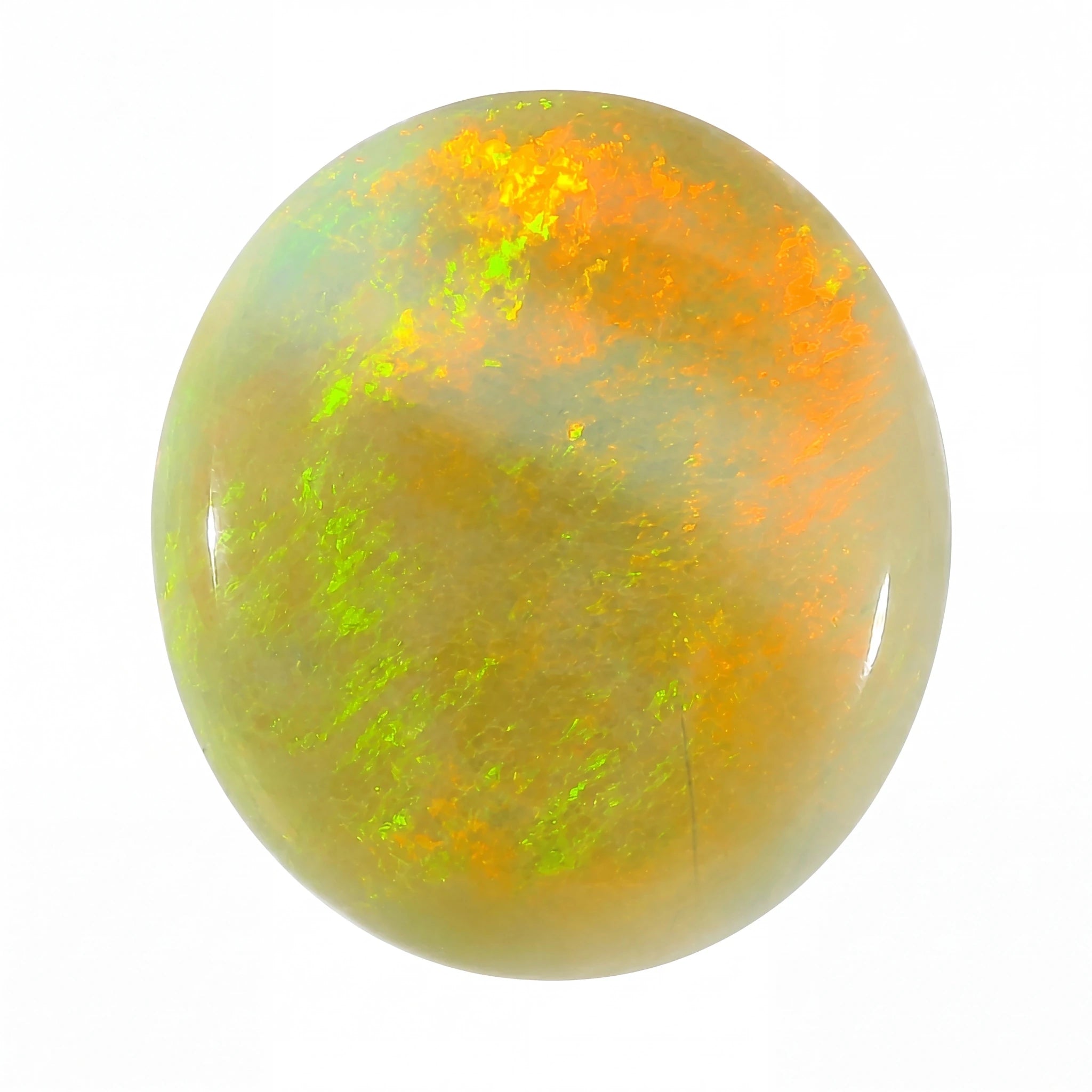 Opal stone with green and orange fluorescence on a white background