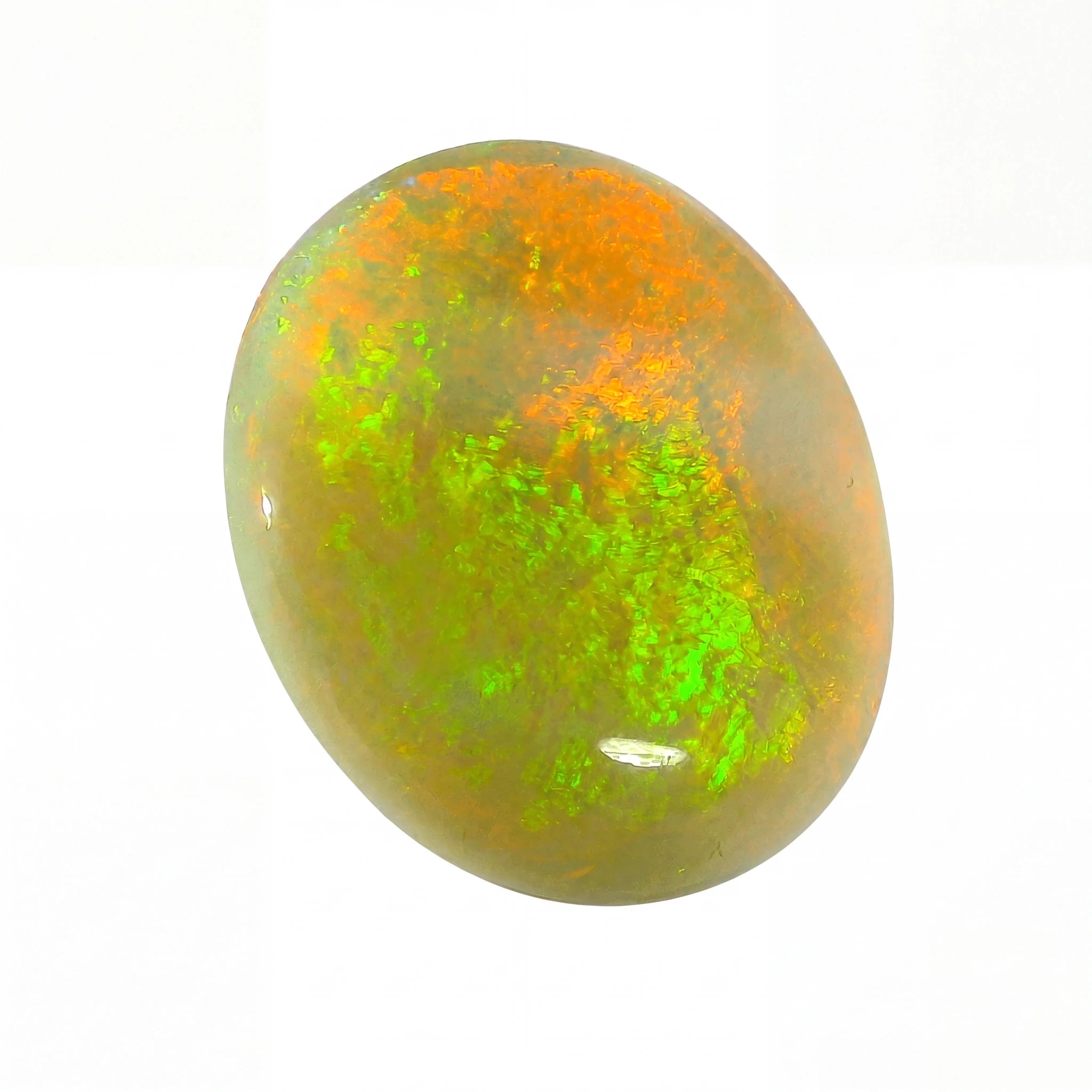Opal stone with green and orange hues on a white background