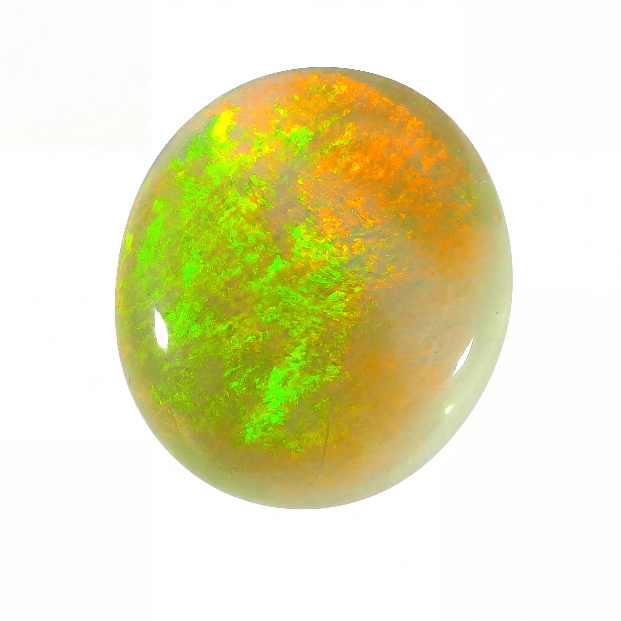 A polished cabochon opal gemstone displaying vibrant green and orange play-of-colour on a white background.