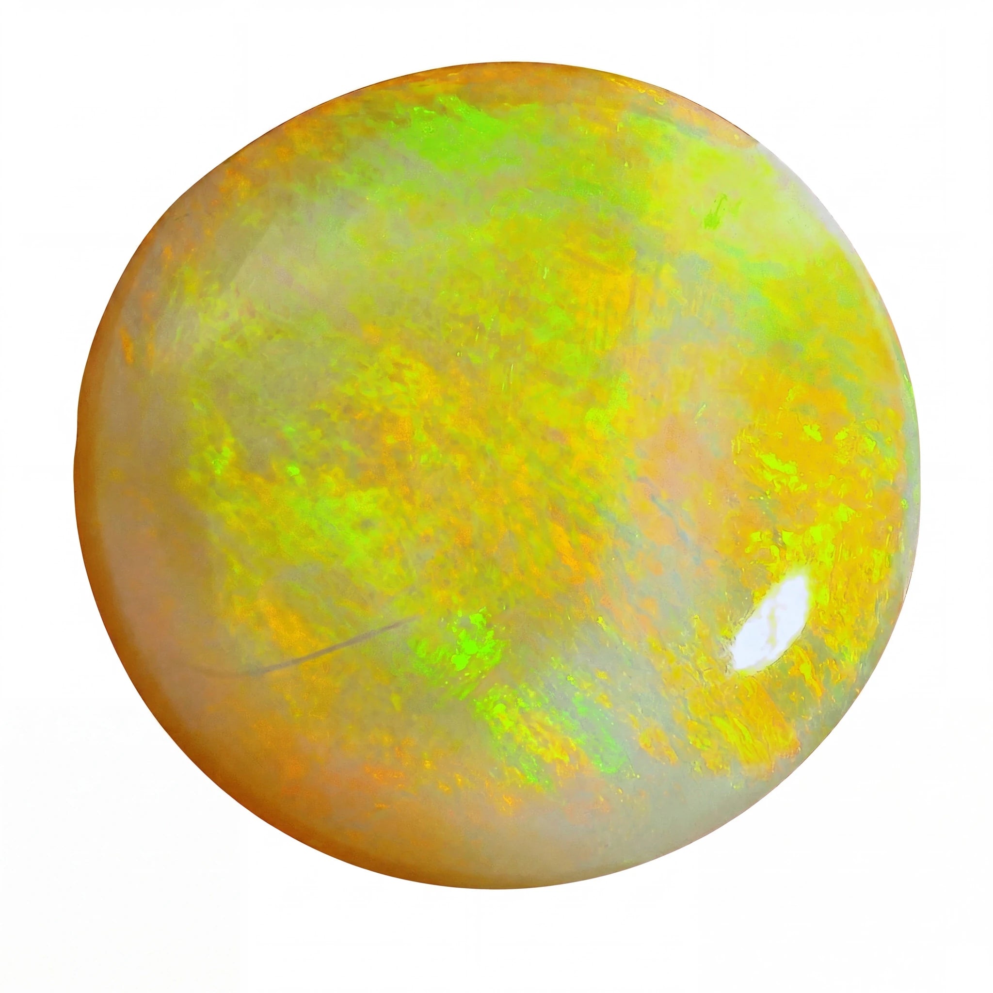 Round opal stone with multicoloured patterns on a white background
